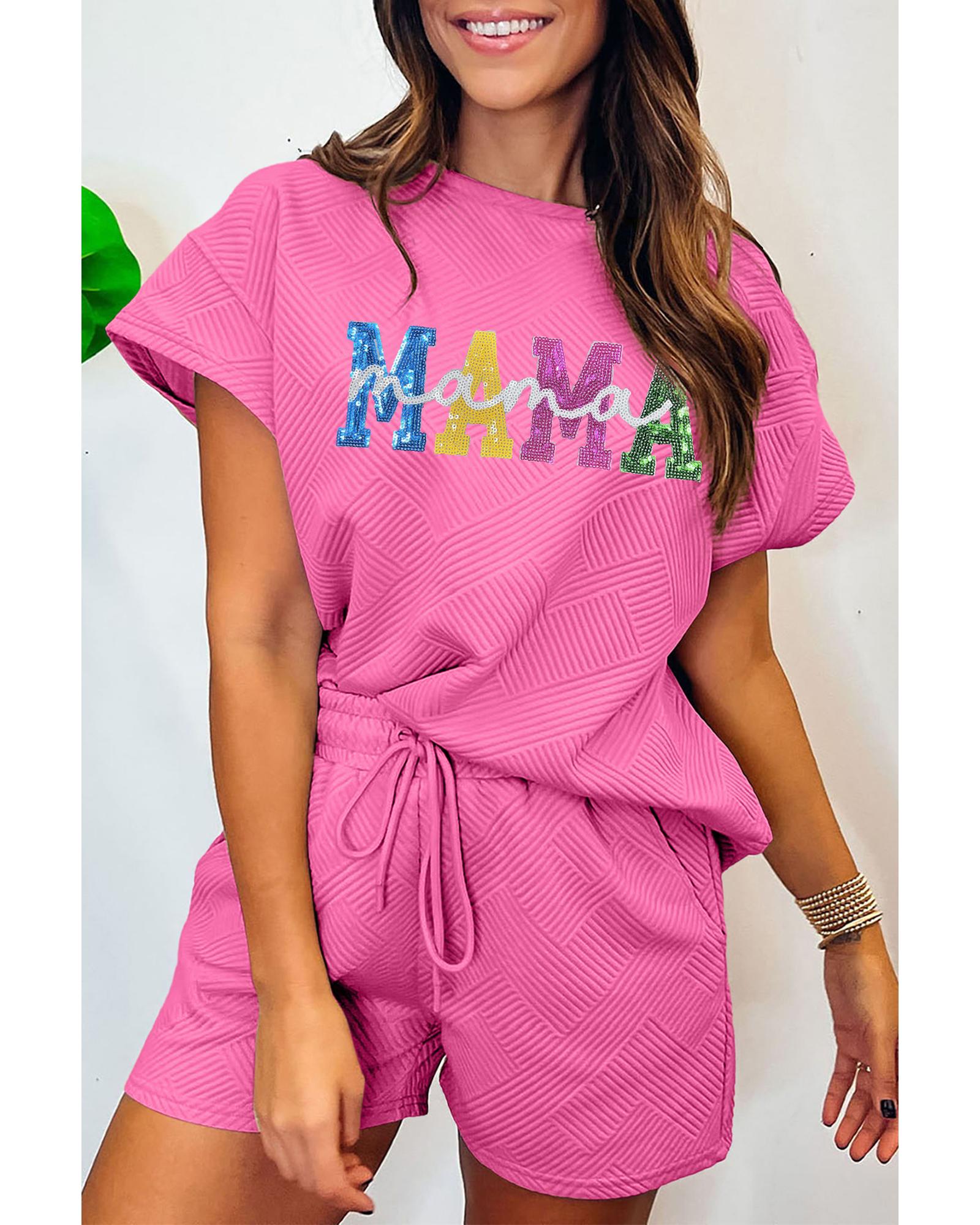 V539-AZEXDC627684-P306-M-202508300800-00 Strawberry Pink Sequined MAMA Letter Graphic Textured Short 2pcs Set - M - Image 1