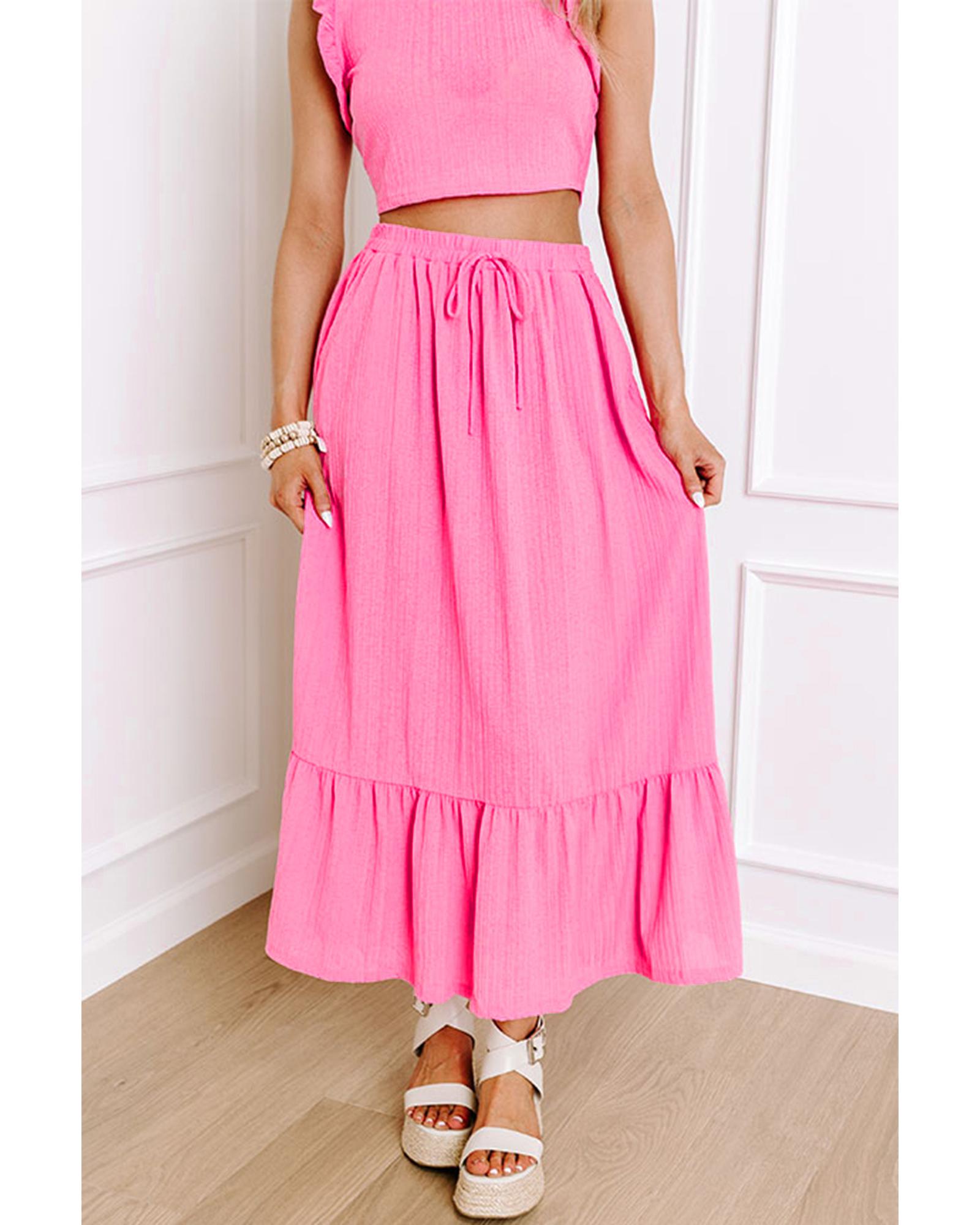 V539-AZEXDC631145-P3010-XL-202508301950-00 Bonbon Textured Ruffle Trim Crop Vest Lace-up Long Skirt Set - XL - Image 1