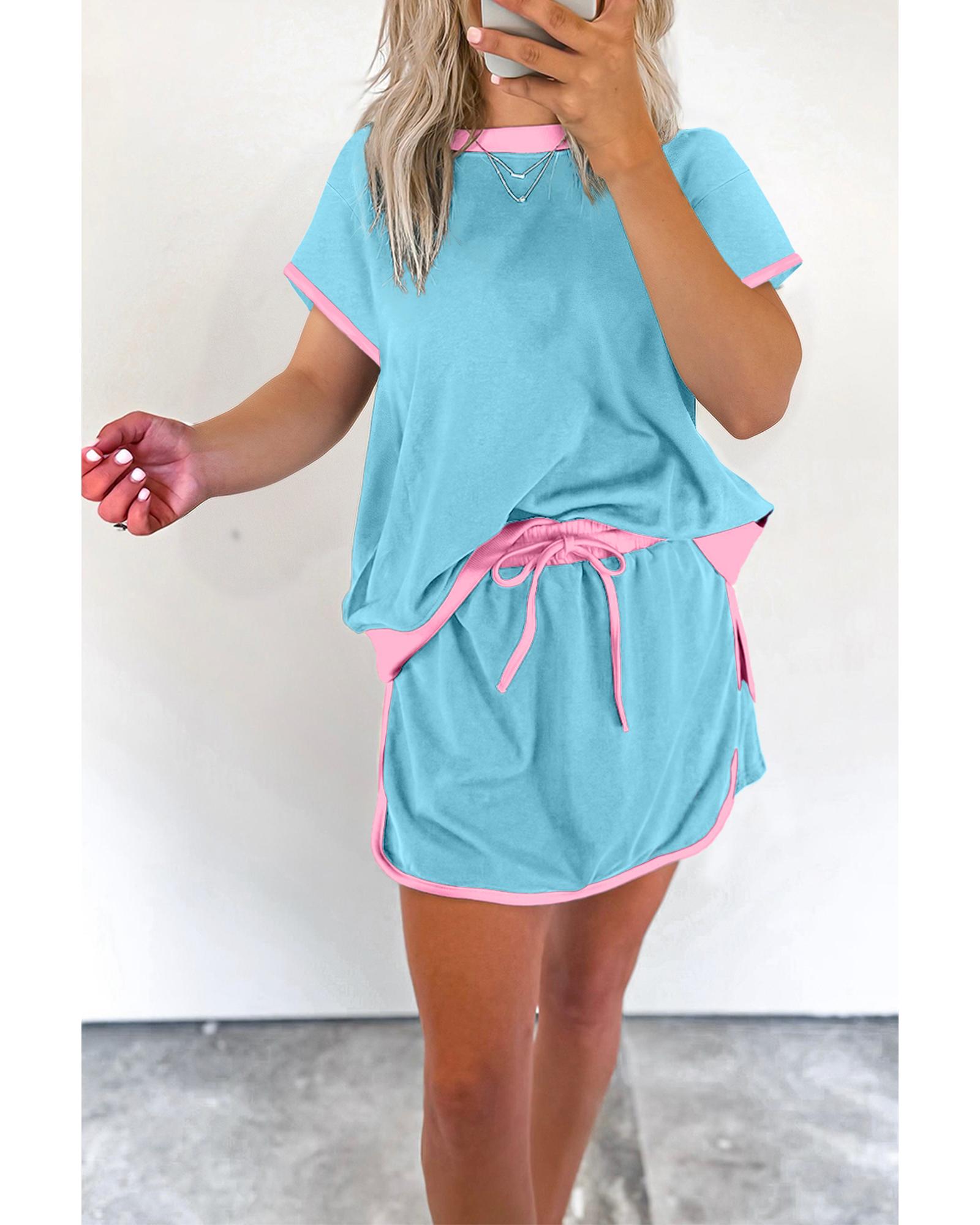 V539-AZEXDC631178-P404-XL-202508301715-00 Turquoise Colorblock Edge Drop Shoulder T Shirt and Skirt 2Pcs Set - XL - Image 1