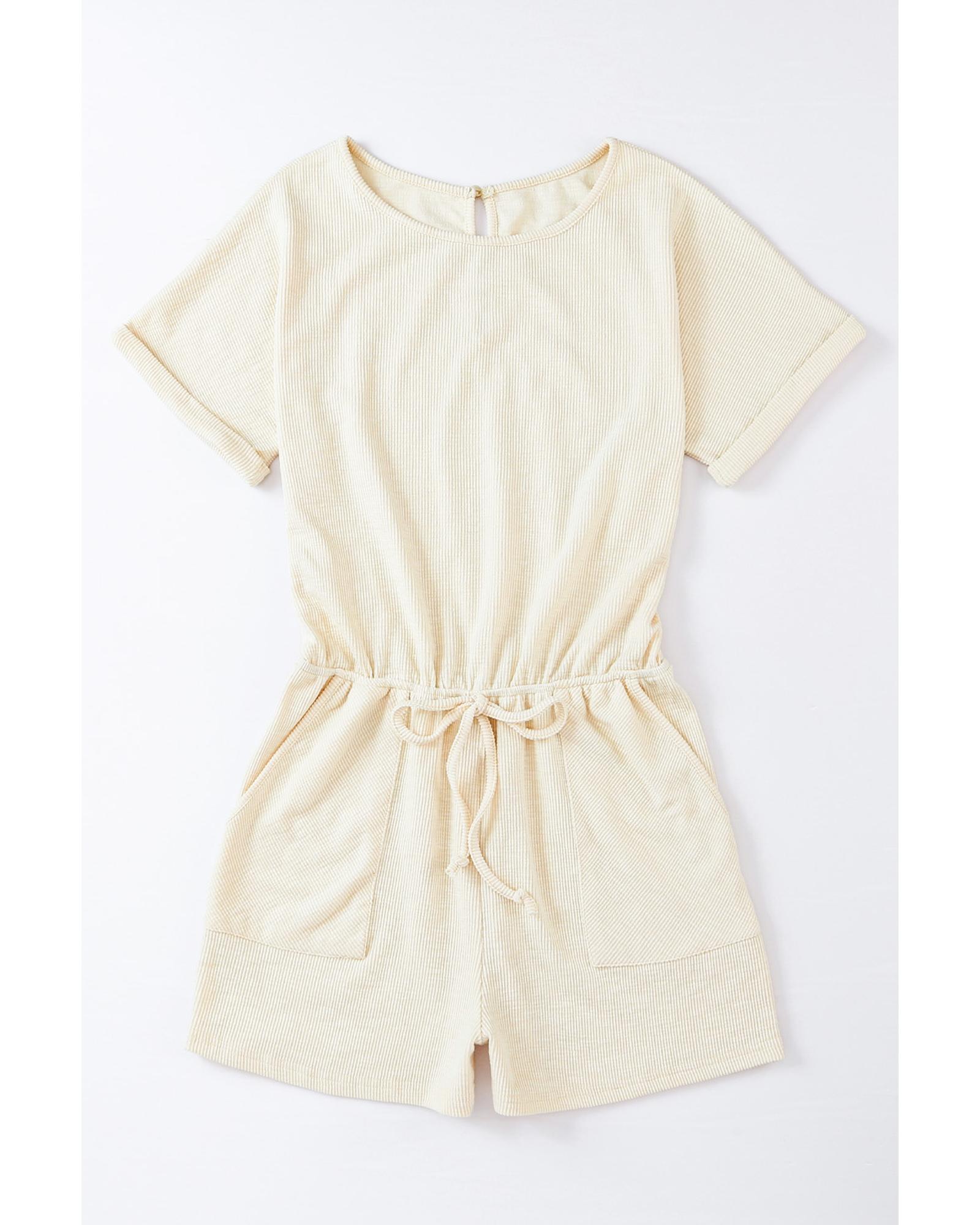 V539-AZEXDC6411805-15-M-202508301405-00 Azura Exchange Beige Ribbed Elastic Waist Romper - M - Image 1