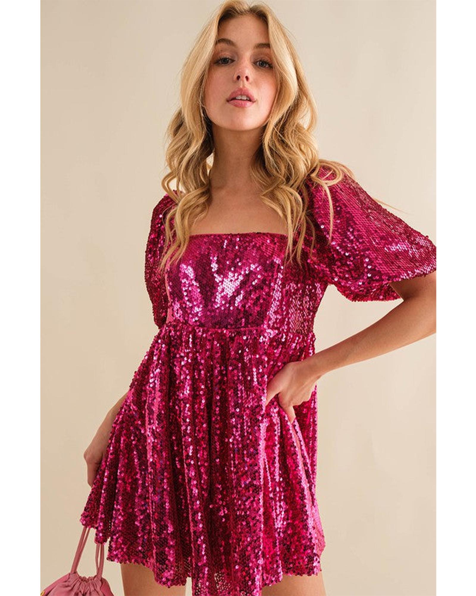 V539-AZEXDC6412997-P6-XL-202508300445-00 Rose Red Short Puff Sleeve Sequin Babydoll Romper - XL - Image 1