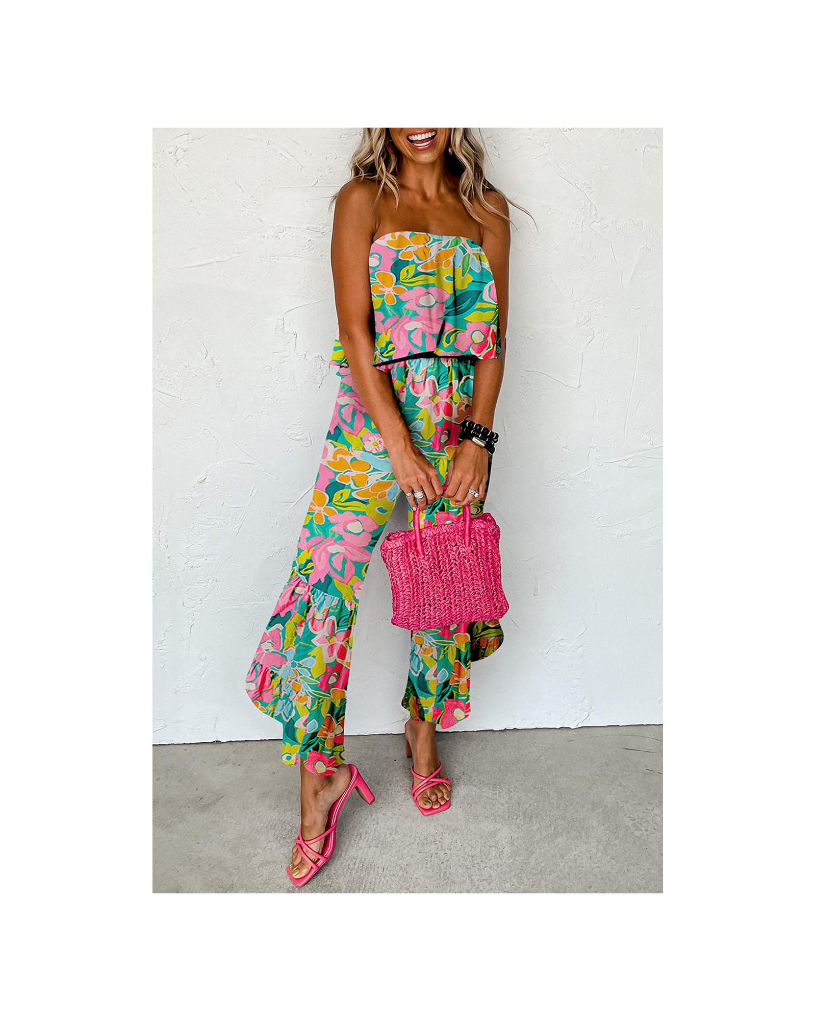 V539-AZEXDC6413368-P920-XL-202508281525-00 Green Mix Tropical Print Strapless Ruffled Jumpsuit - XL - Image 1