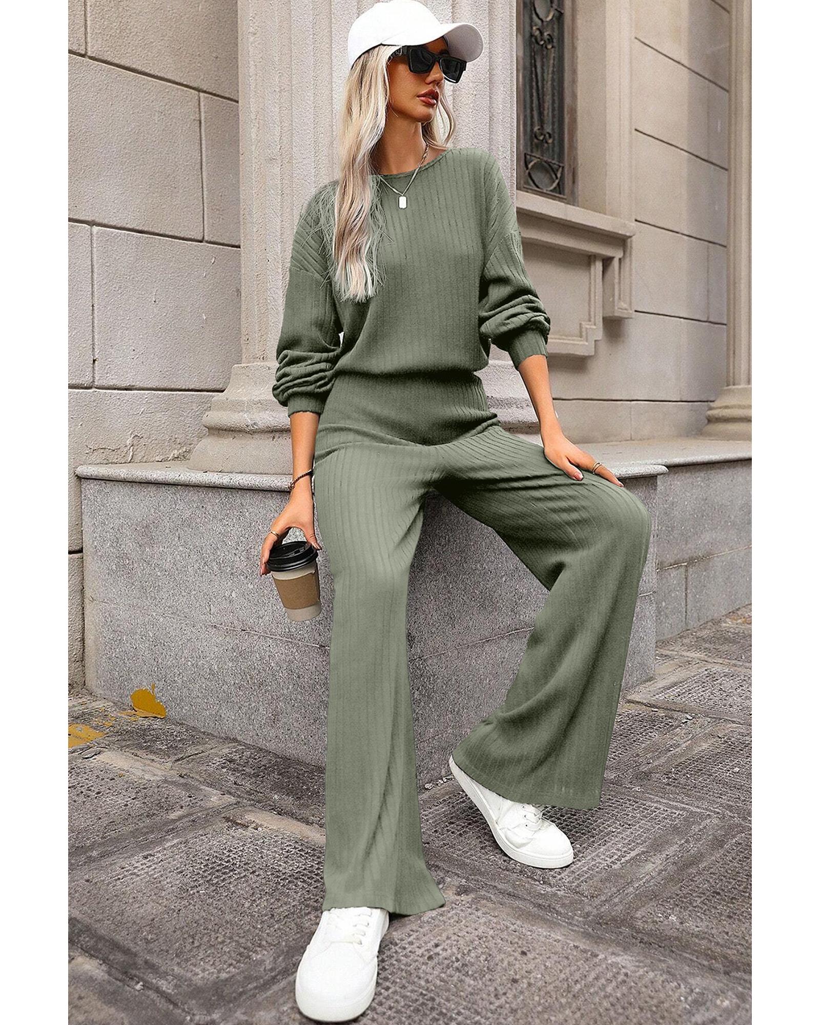 V539-AZEXDC6413558-P1209-M-202508291545-00 Laurel Green Solid Ribbed Knit Keyhole Back High Waist Jumpsuit - M - Image 1