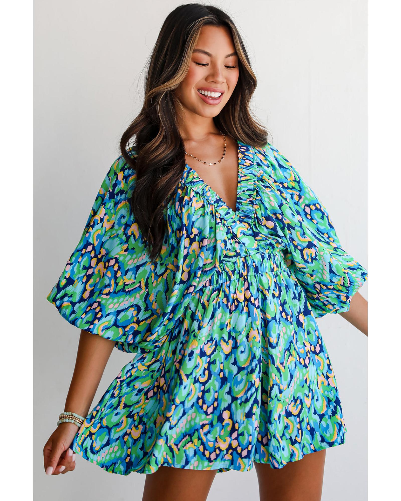 V539-AZEXDC6413824-P920-L-202508280755-00 Green Abstract Print Puff Sleeve V Neck High Waist Romper - L - Image 1
