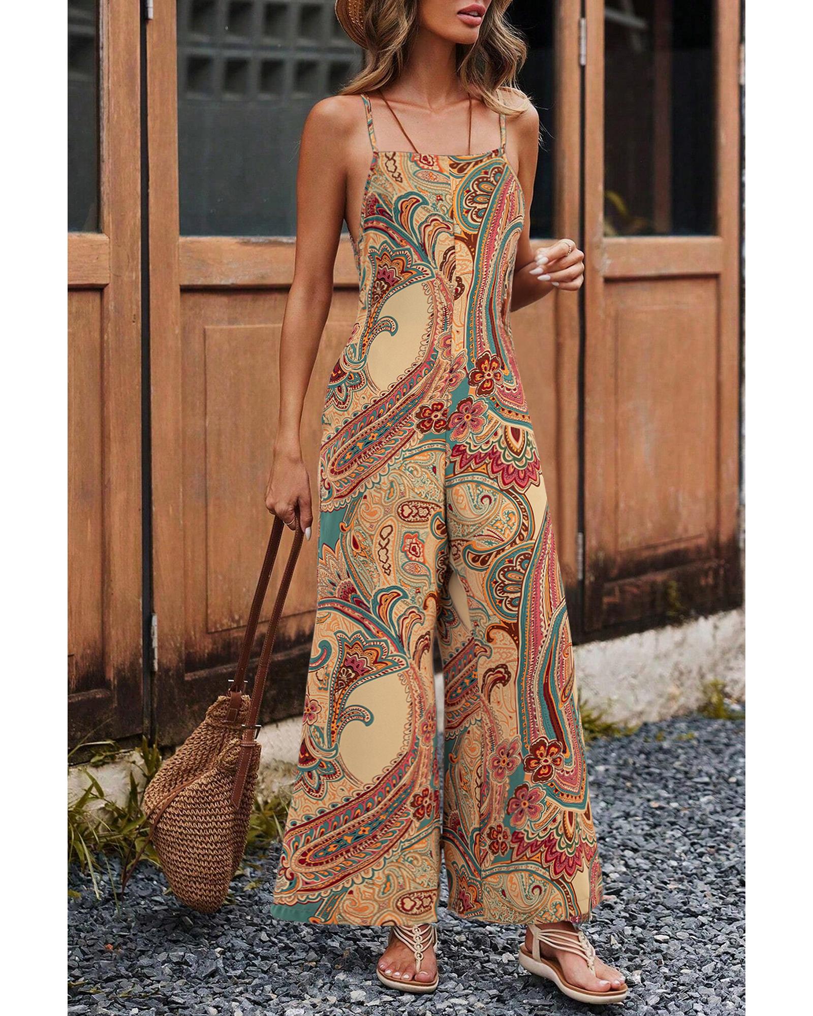 V539-AZEXDC6413826-P10320-S-202508301335-00 Red Paisley Printed Spaghetti Straps Elegant Wide Leg Jumpsuit - S - Image 1