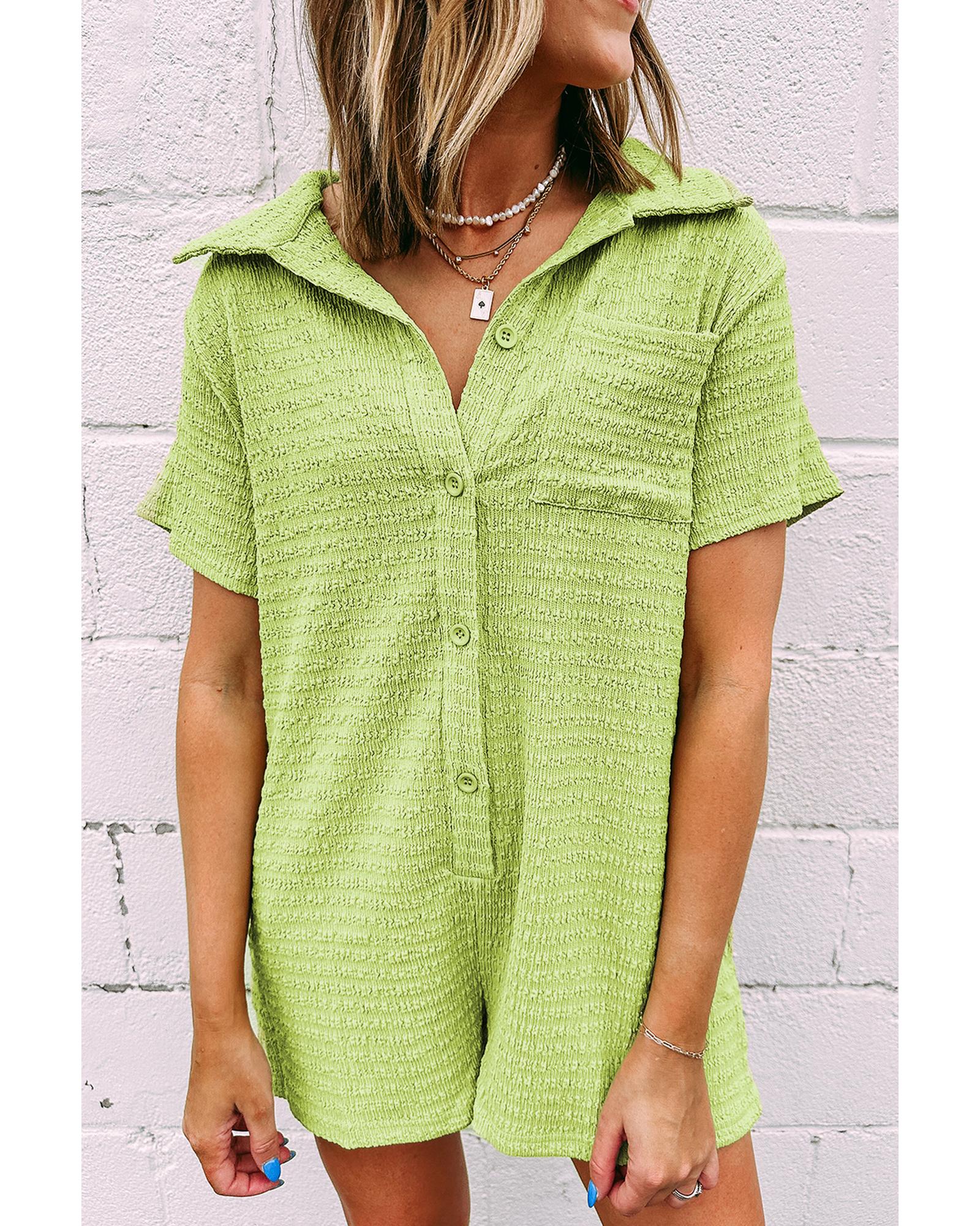 V539-AZEXDC6413845-P2009-M-202508301740-00 Meadow Mist Green Textured Short Sleeve Patched Pocket Buttoned Shirt Romper - M - Image 1