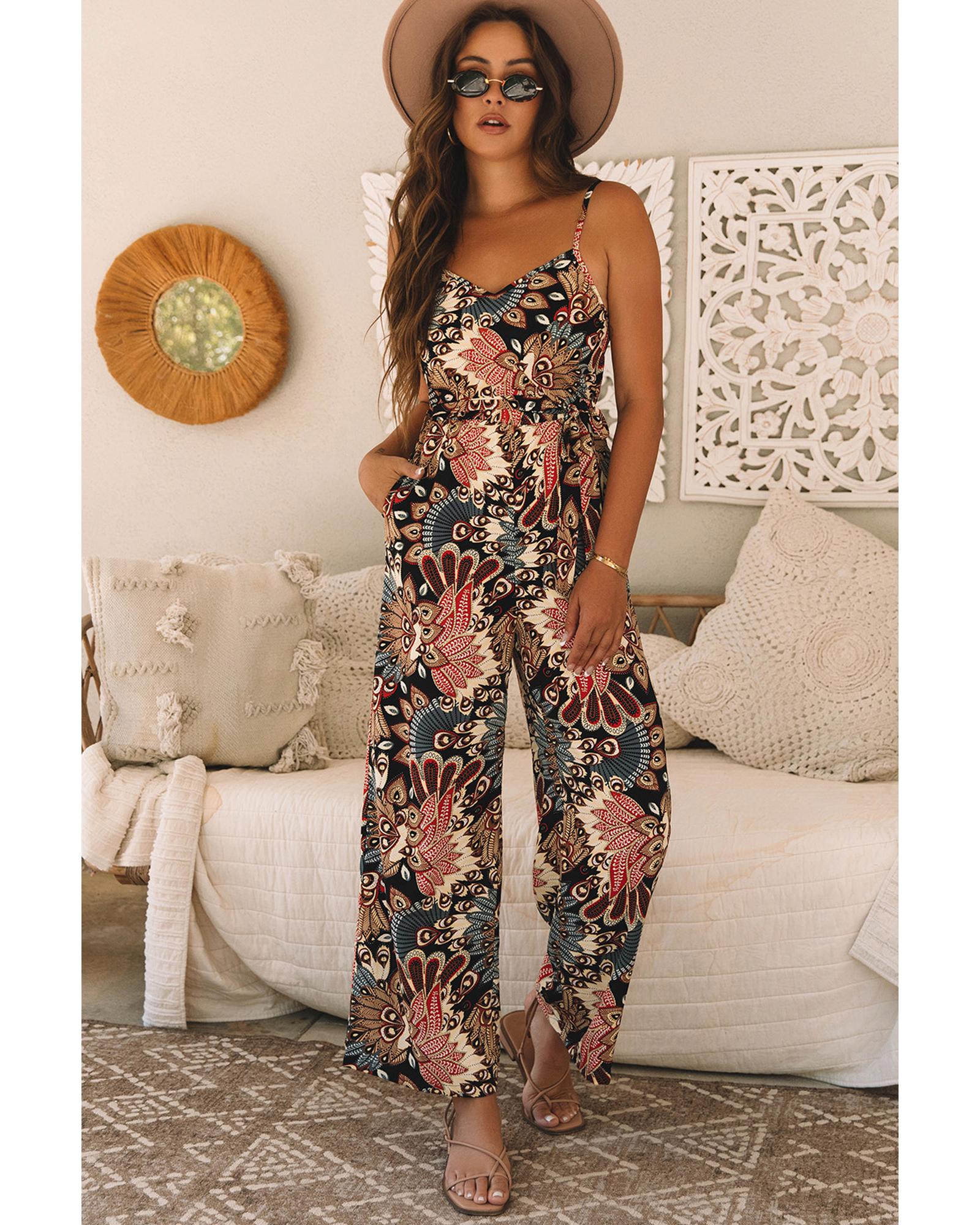 V539-AZEXDC6413865-P220-L-202508301845-00 Black Floral Print Belted Sleeveless Wide Leg Jumpsuit - L - Image 1