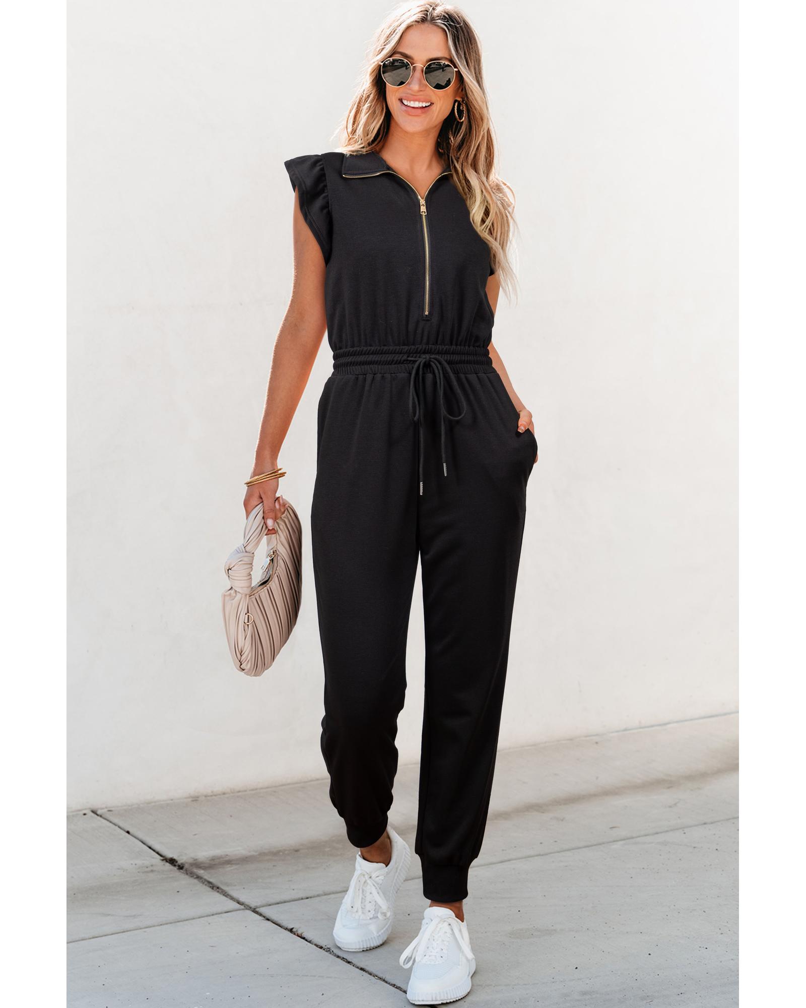 V539-AZEXDC6413873-P2-M-202508310215-00 Black Zipper Flutter Sleeve Drawstring High Waist Jumpsuit - M - Image 1