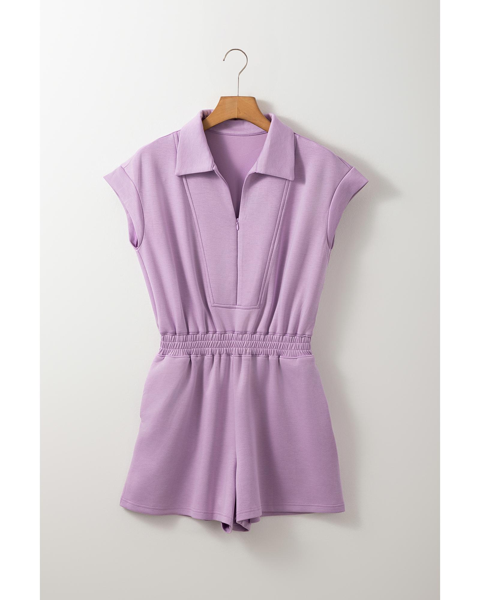 V539-AZEXDC6413919-P808-L-202508302040-00 Orchid Bouquet Short Sleeve Zipper Collared Elastic High Waist Romper - L - Image 1