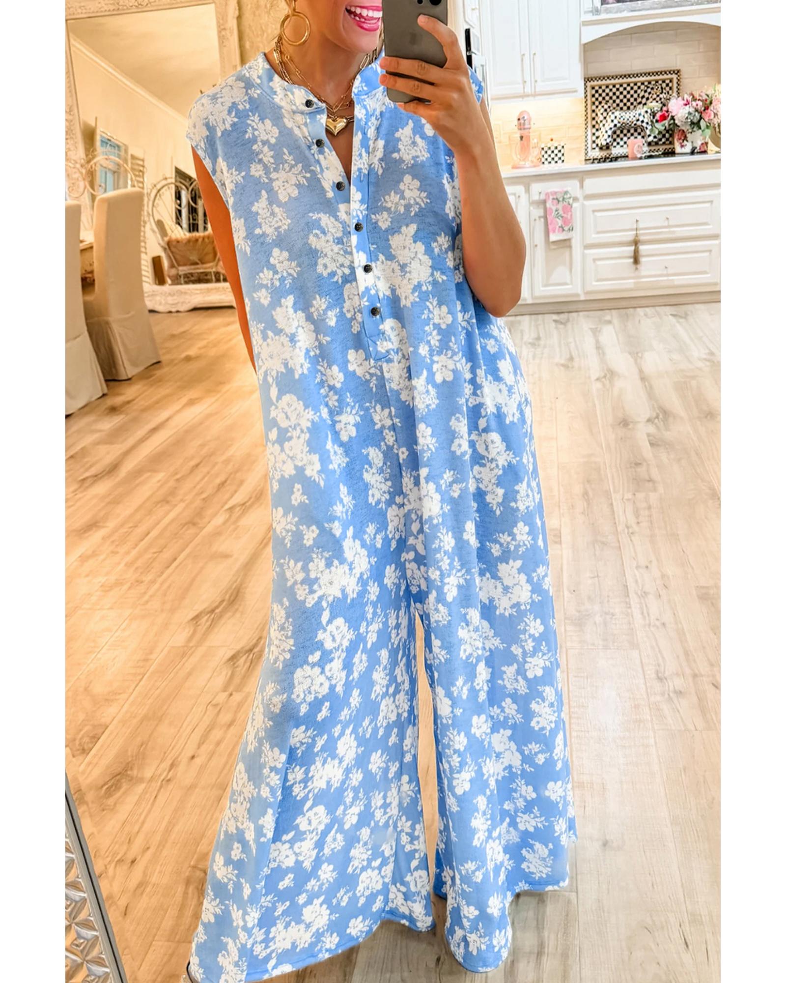 V539-AZEXDC6413956-P1204-M-202508301255-00 Myosotis Floral Print Half Button Wide Leg Relaxed Sleeveless Jumpsuit - M - Image 1