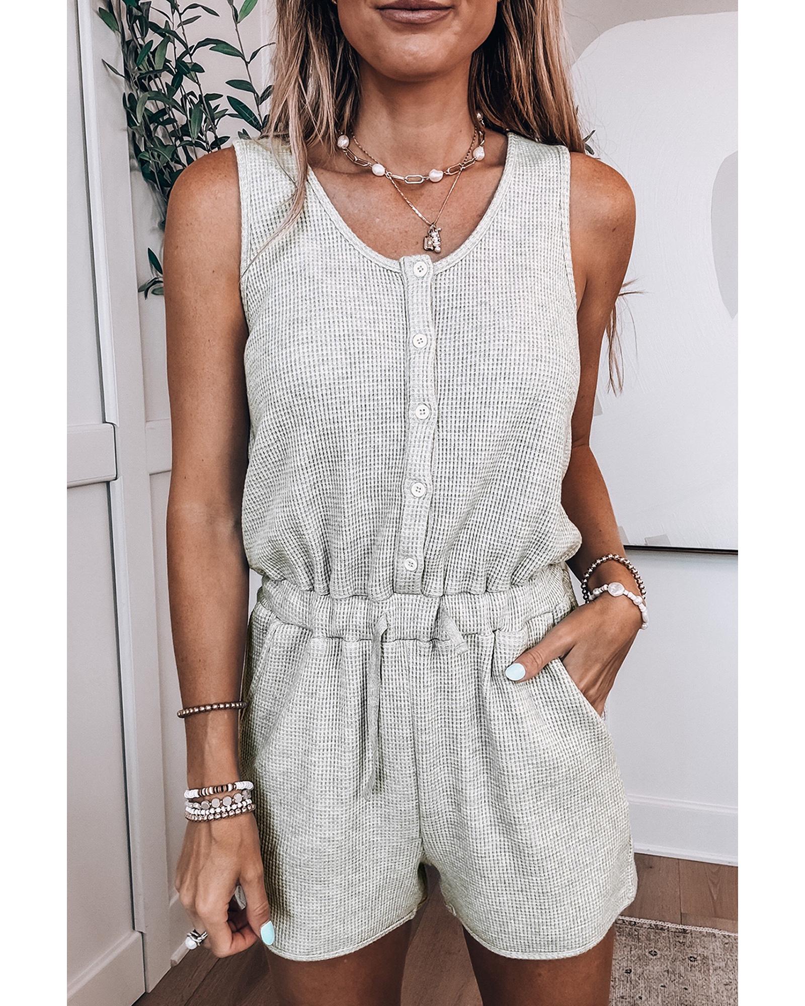 V539-AZEXDC6414028-P1011-M-202508300830-00 Light Grey Waffle Knit Sleeveless Buttoned Front Drawstring Waist Romper - M - Image 1