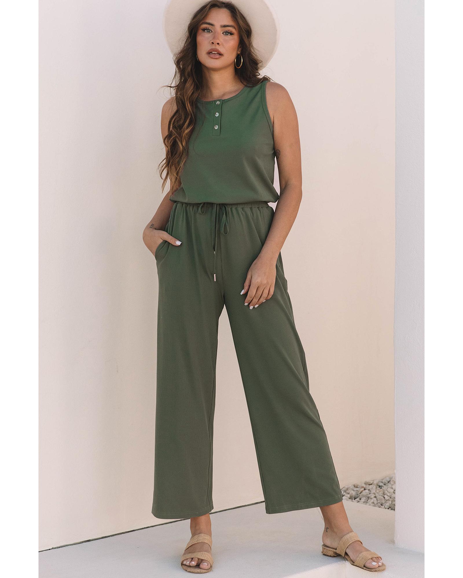 V539-AZEXDC6414069-P2409-L-202508301055-00 Vineyard Green Buttoned Drawstring Waist Sleeveless Wide Leg Jumpsuit - L - Image 1