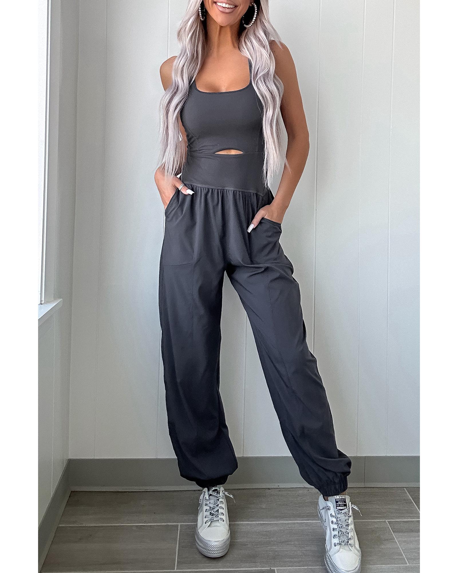 V539-AZEXDC6414075-P4011-XL-202508301615-00 Carbon Grey Back Crossed Straps Hollow Out Jogger Jumpsuit - XL - Image 1