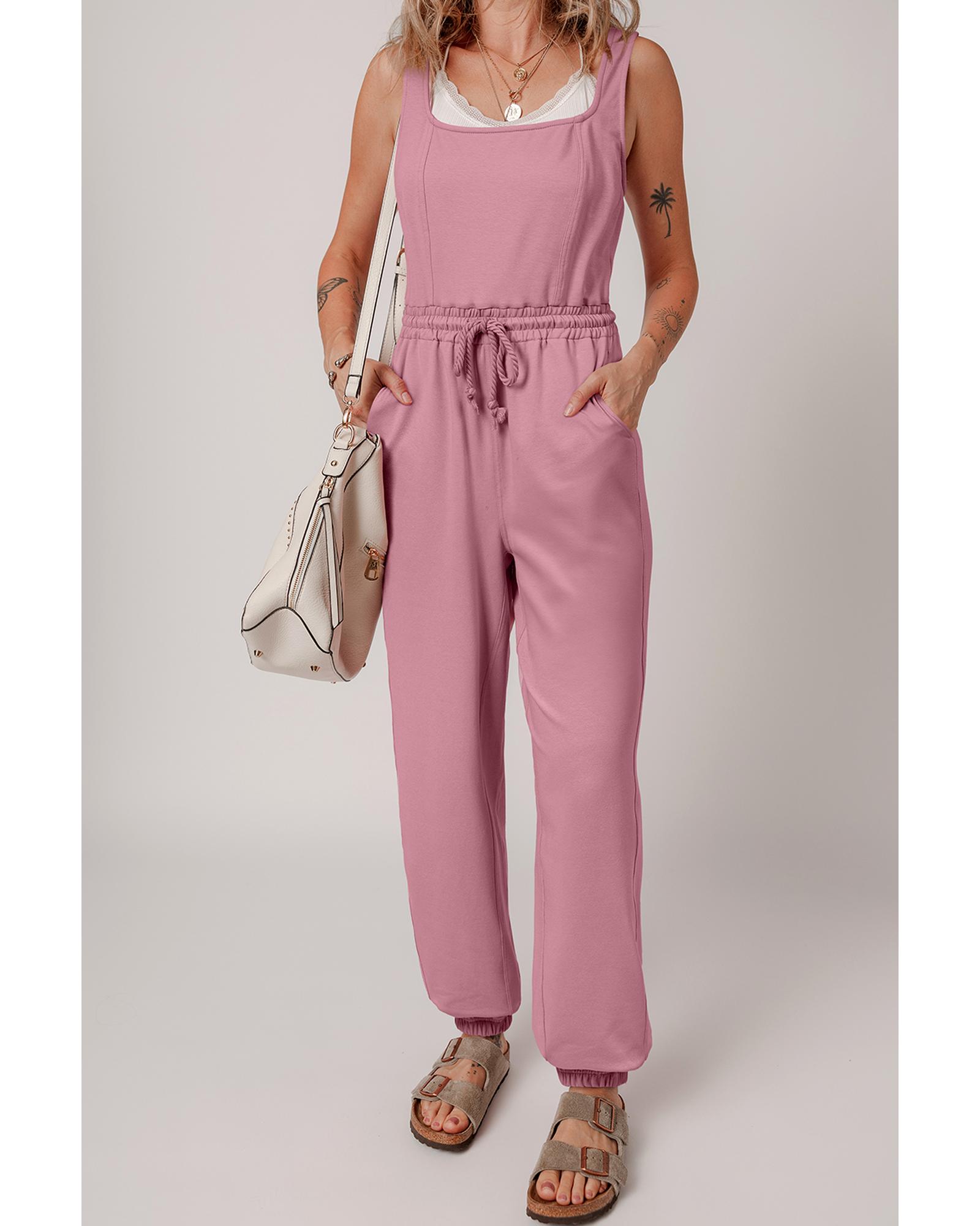 V539-AZEXDC6414084-P1010-XL-202508300355-00 Light Pink Lace-up Elastic Waist Sleeveless Square Neck Jumpsuit - XL - Image 1