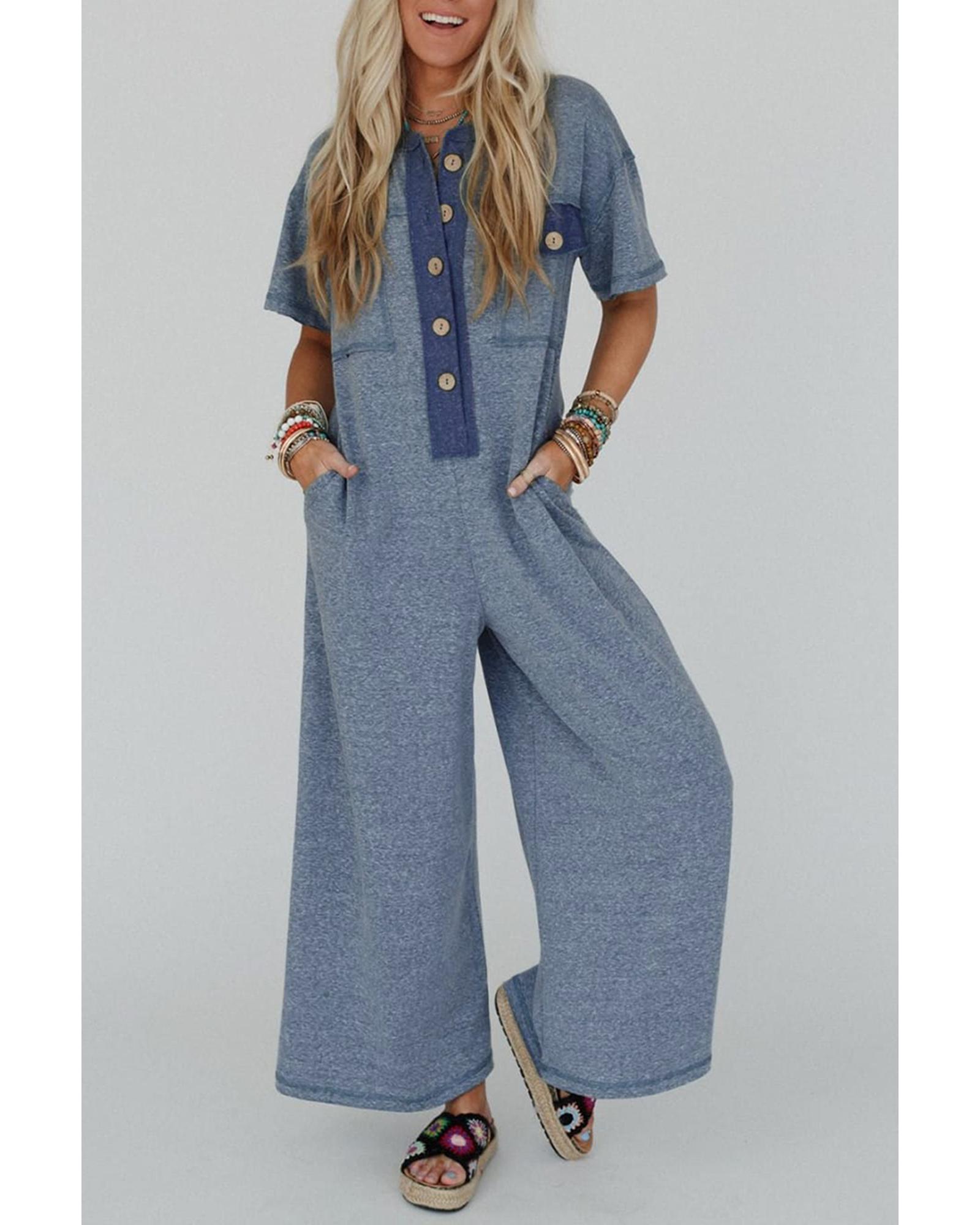 V539-AZEXDC6414096-P804-L-202508281205-00 Beau Blue Half Placket Chest Pockets Short Sleeve Wide Leg Jumpsuit - L - Image 1