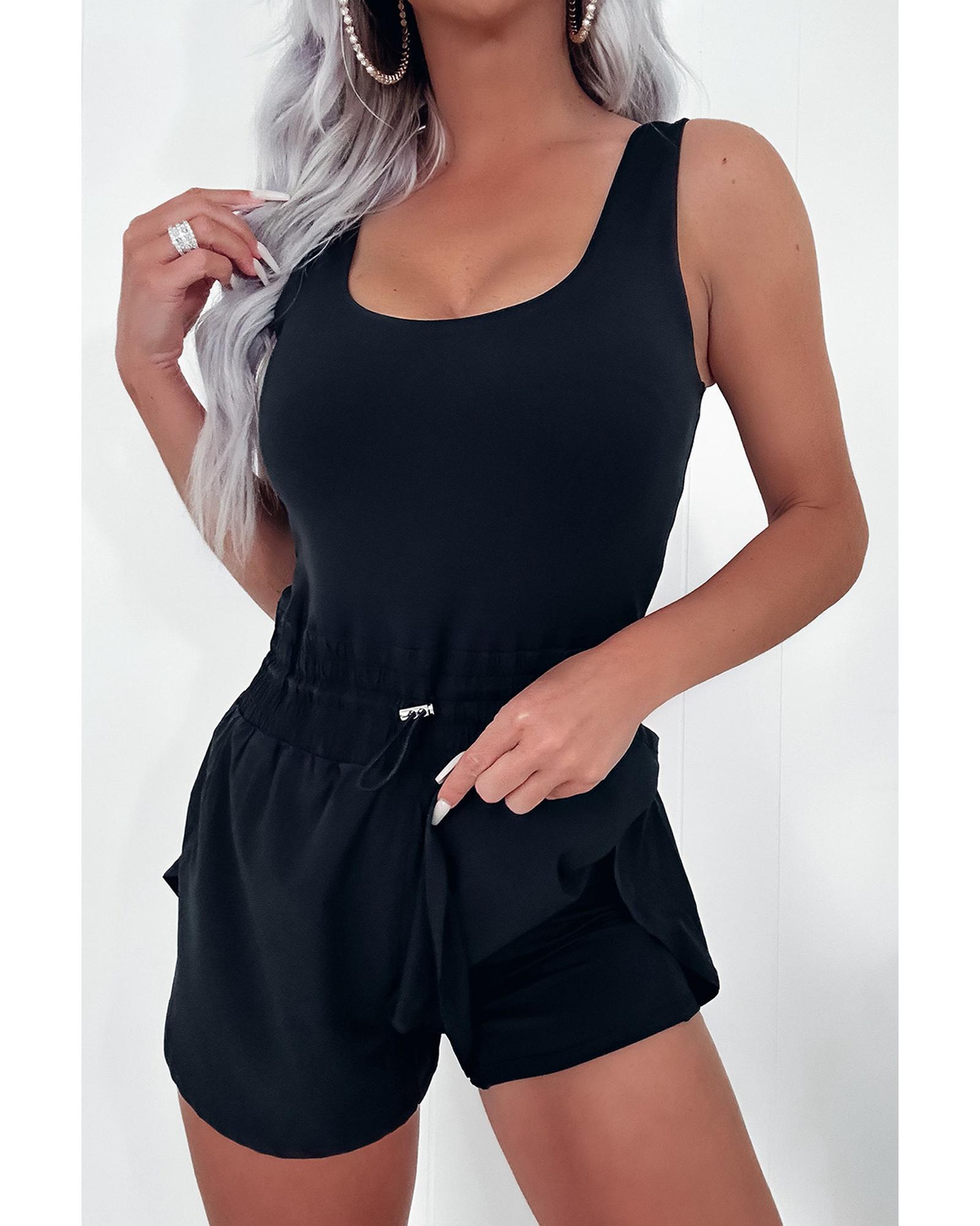 V539-AZEXDC6414105-P2-L-202508300600-00 Black Plain Sleeveless Loop Drawstring Cinched Waist Romper - L - Image 1