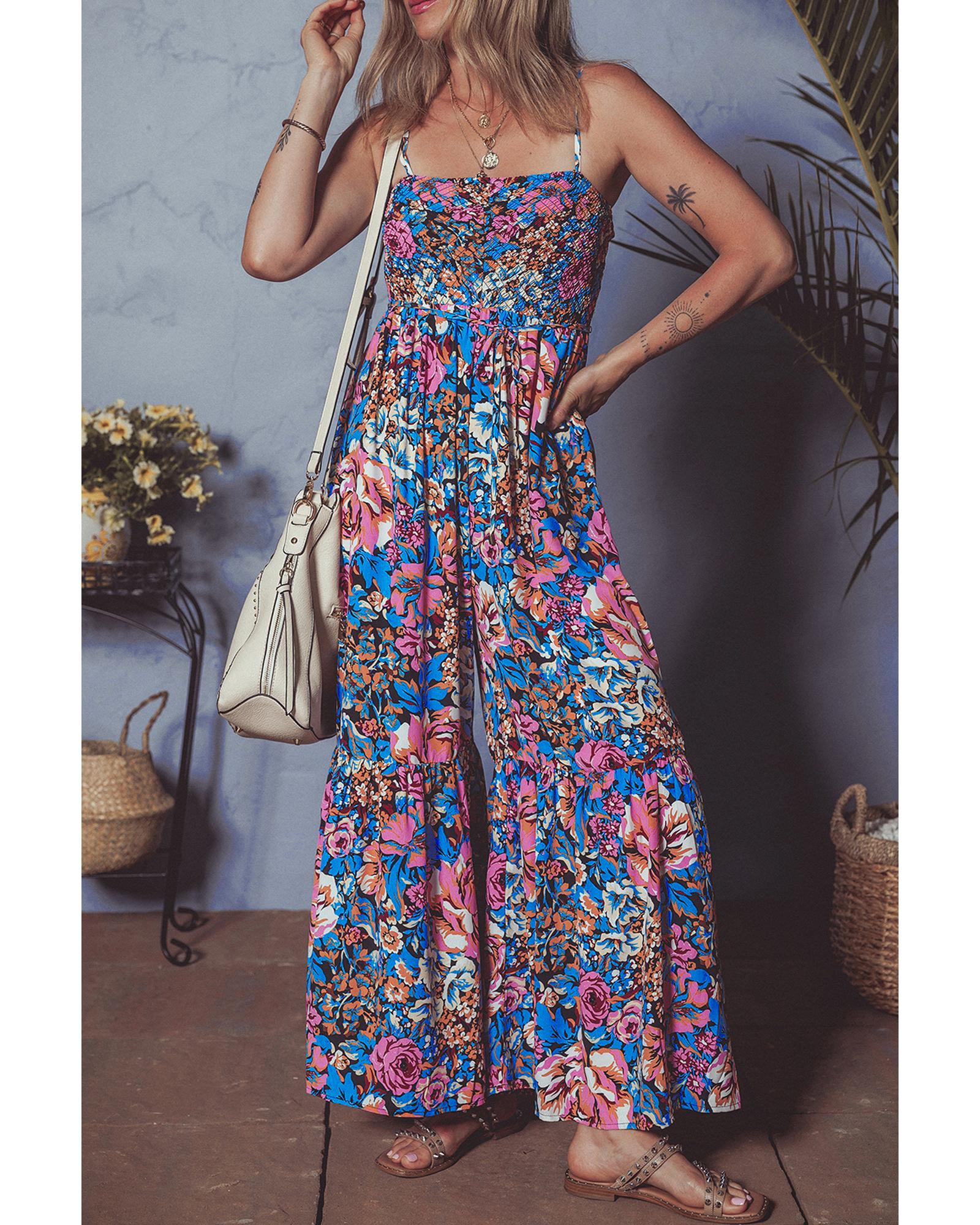 V539-AZEXDC6414112-P1020-L-202508282235-00 Pink Floral Smocked Bust Spaghetti Straps Wide Leg Jumpsuit - L - Image 1