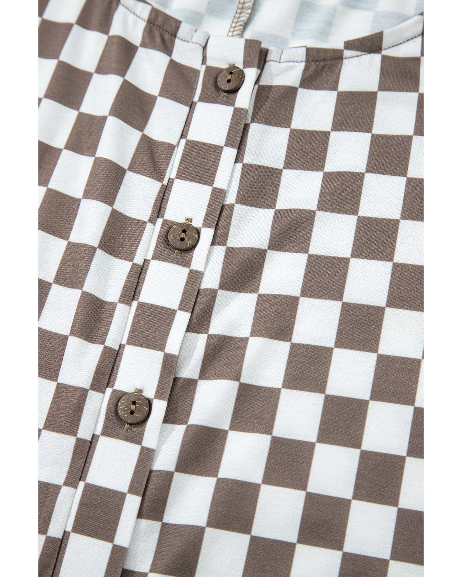 V539-AZEXDC6414134-P1620-M-202508282320-00 Khaki Checkered Print Buttoned Crew Neck Wide Leg Jumpsuit - M - Image 1