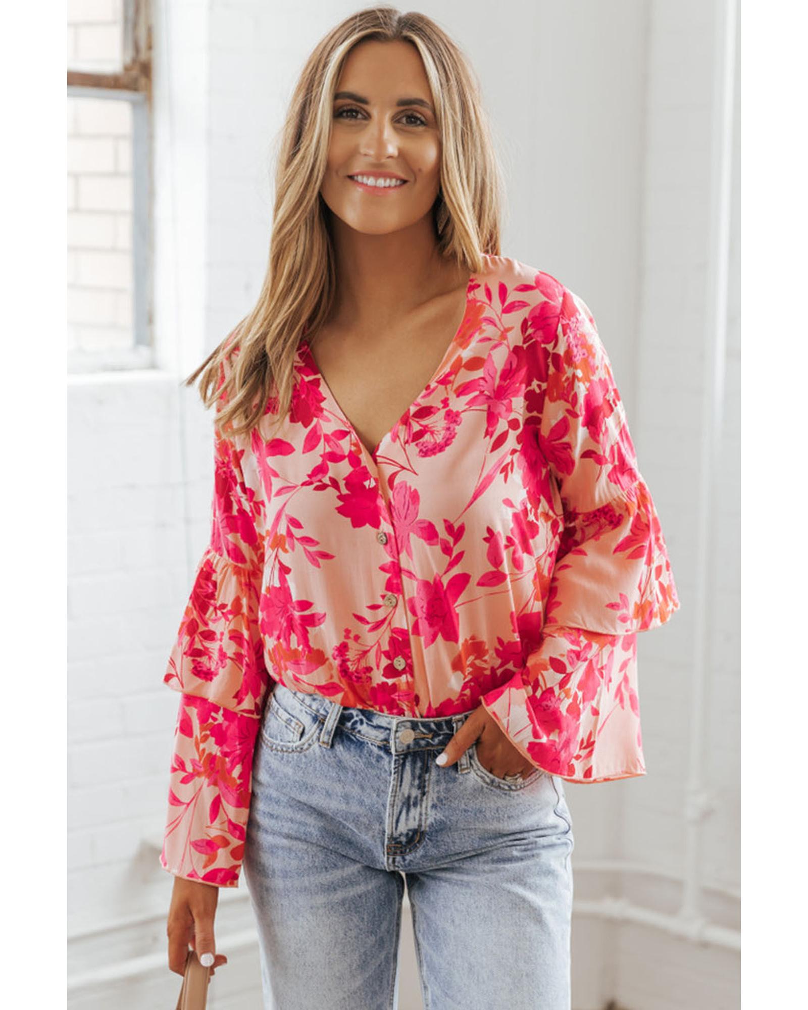 V539-AZEXDC6421521-10-L-202508292105-00 Pink Floral Print Tiered Bell Long Sleeve Buttoned Bodysuit - L - Image 1