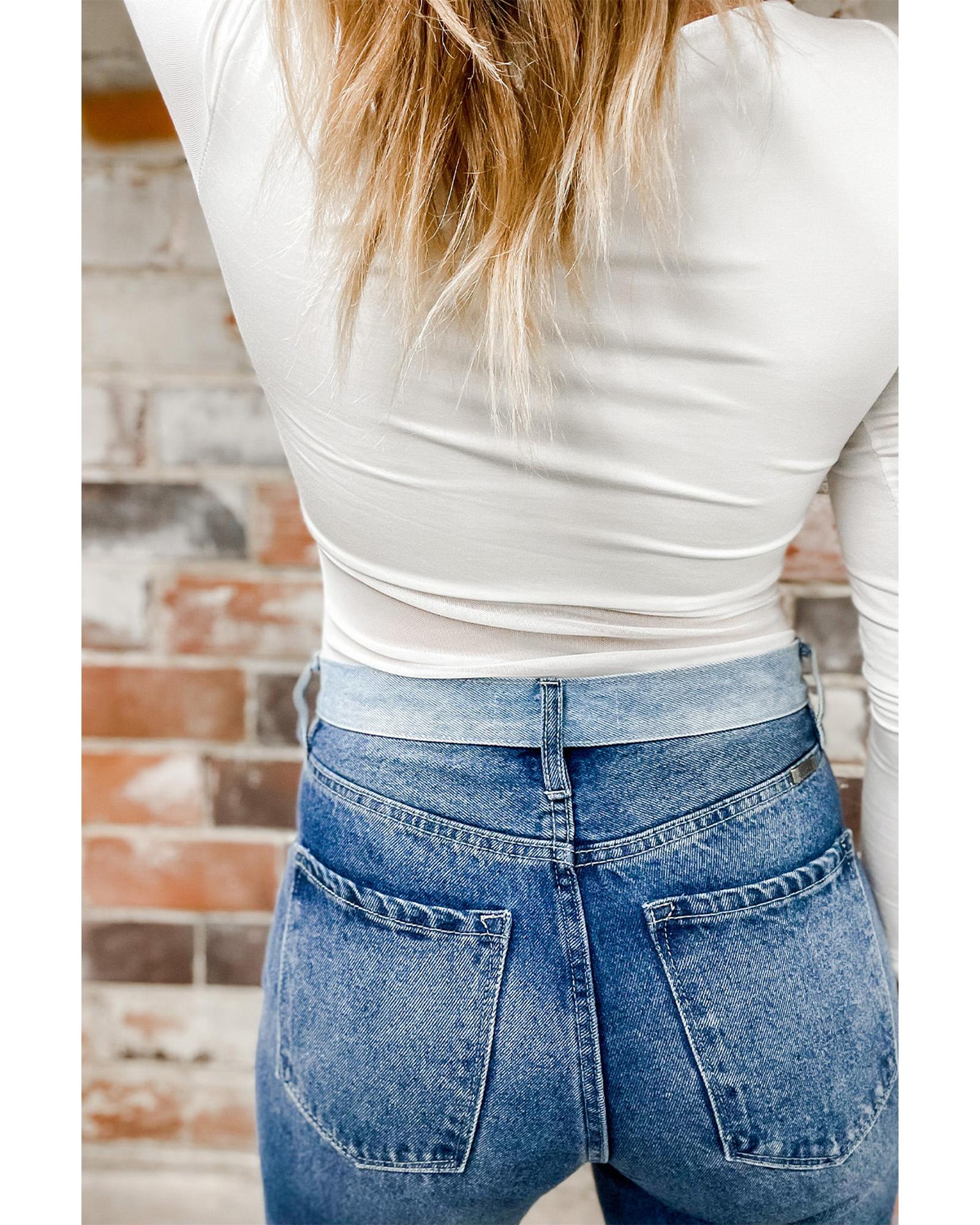 V539-AZEXDC6421540-1-M-202508282335-00 Azura Exchange White Mesh Patchwork Long Sleeve Bodysuit - M - Image 1