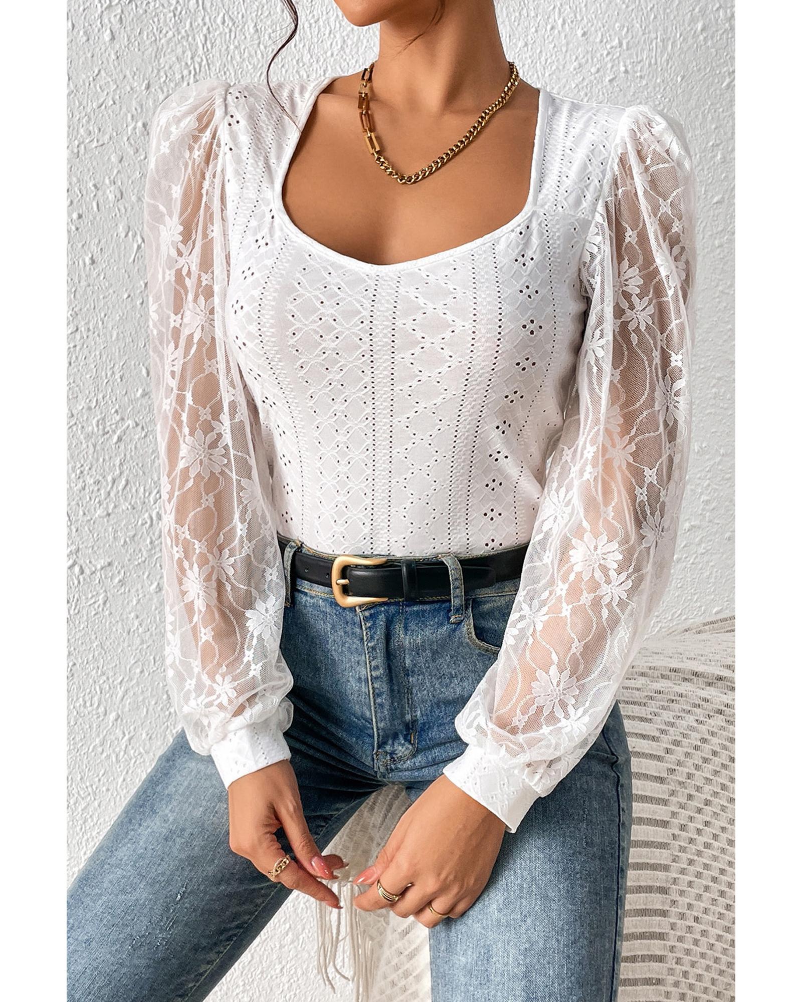 V539-AZEXDC6421585-1-L-202508291635-00 White Frenchy Contrast Lace Bishop Sleeve Bodysuit - L - Image 1