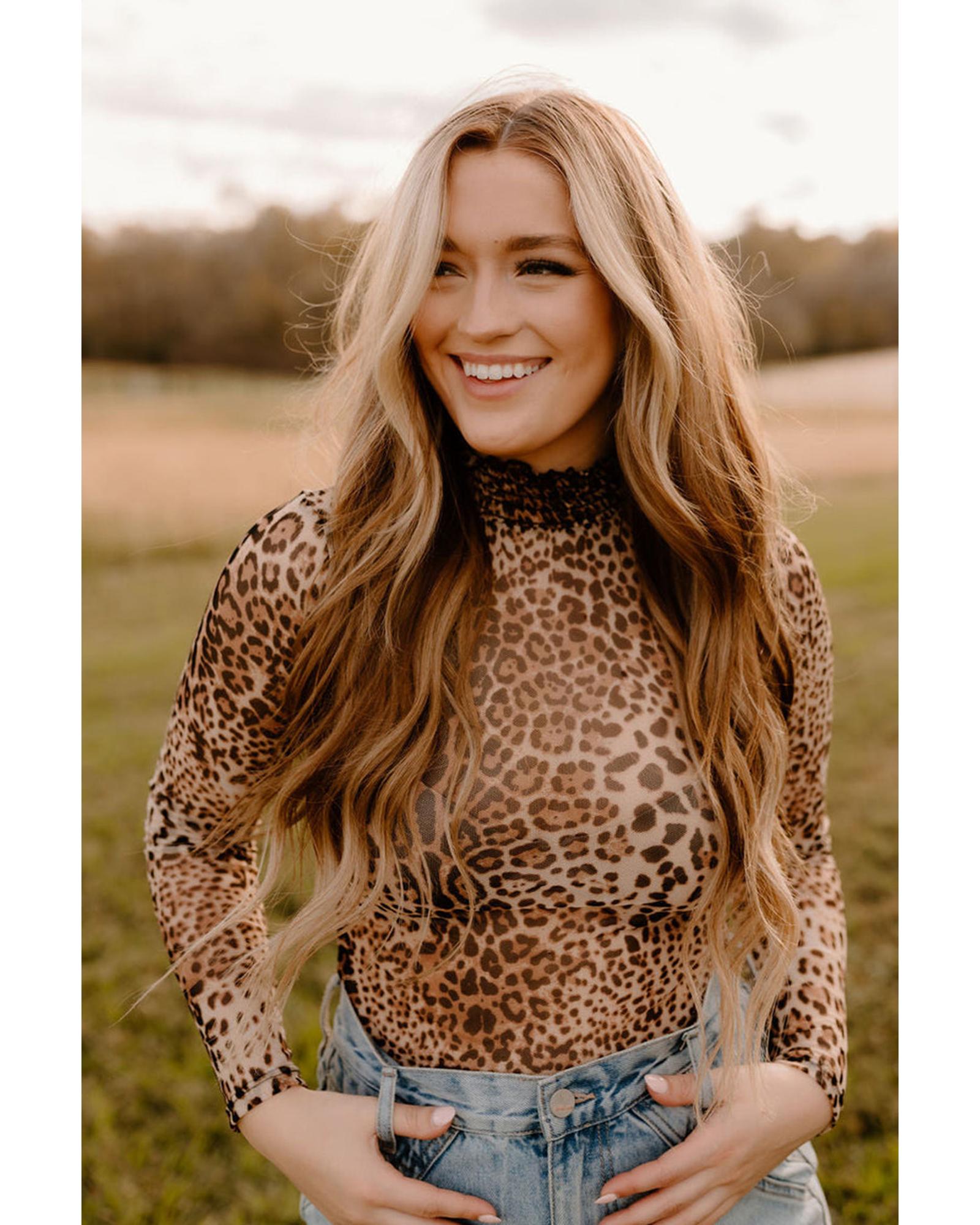 V539-AZEXDC6421657-P1720-L-202508281110-00 Brown Leopard Smocked Neck Mesh Long Sleeve Bodysuit - L - Image 1