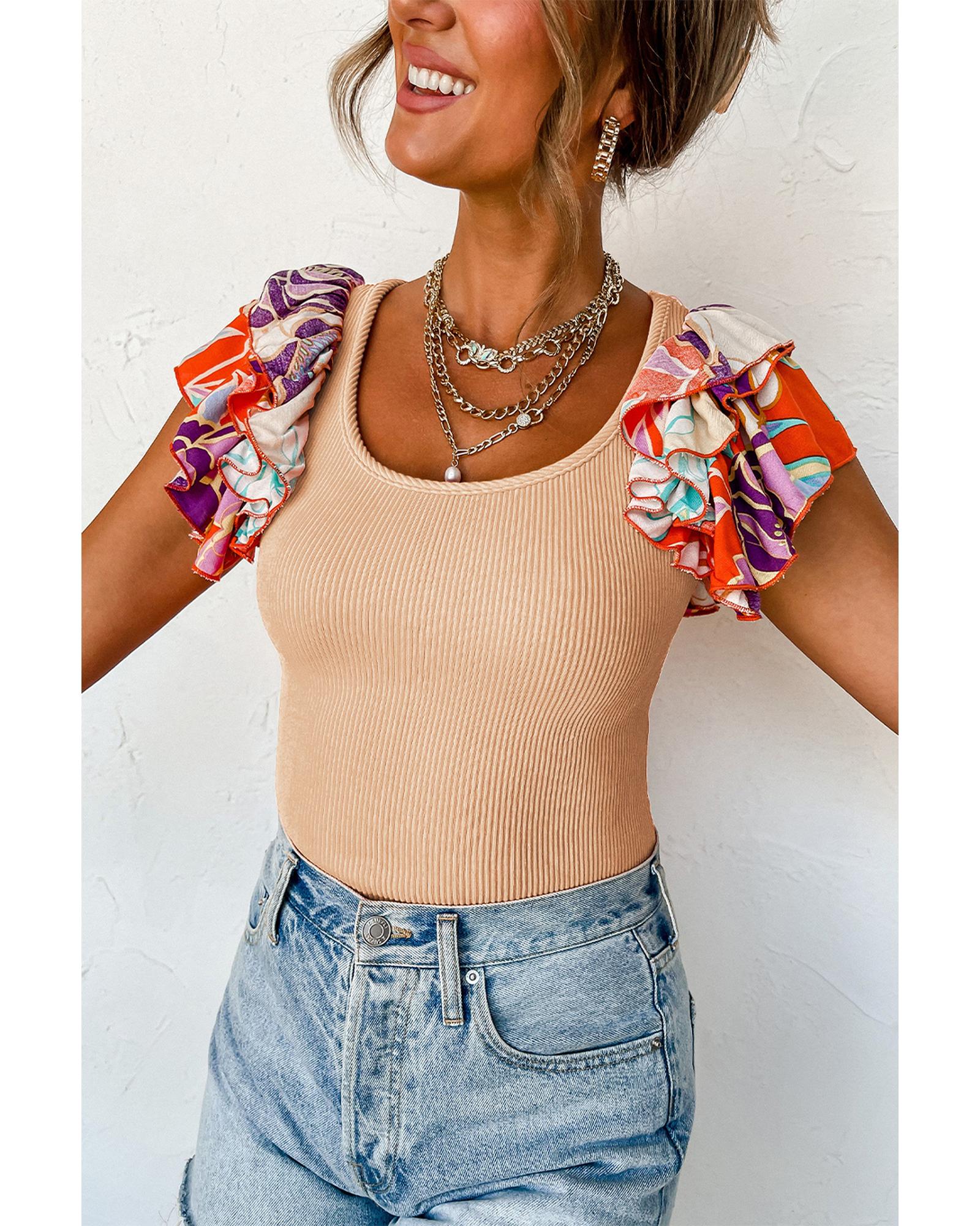 V539-AZEXDC6421664-P6016-XL-202508280710-00 Parchment Ribbed Knit Tiered Ruffled Sleeve Bodysuit - XL - Image 1