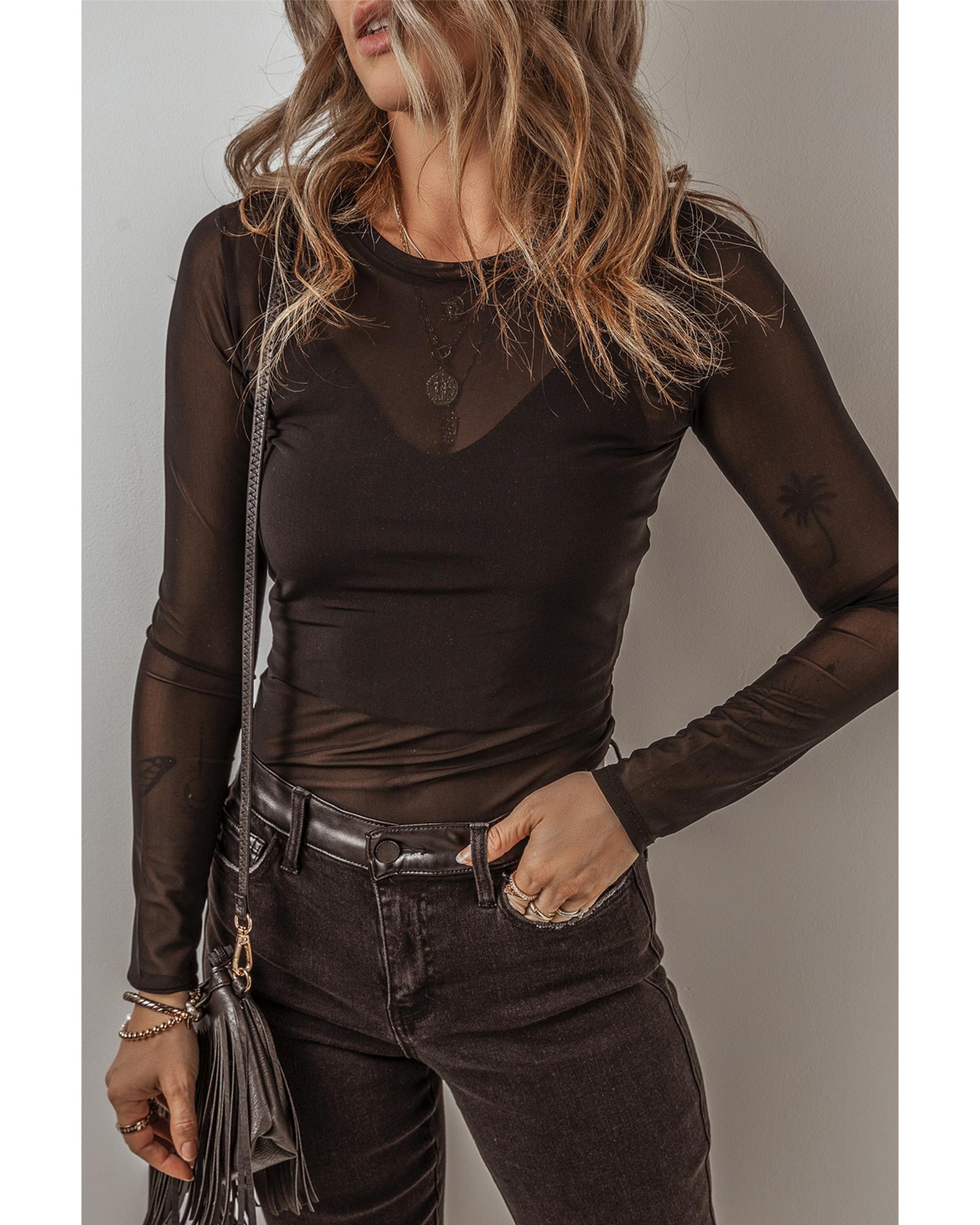 V539-AZEXDC6421782-P2-XL-202508301530-00 Black Mesh Long Sleeve Slim Fit Bodysuit - XL - Image 1