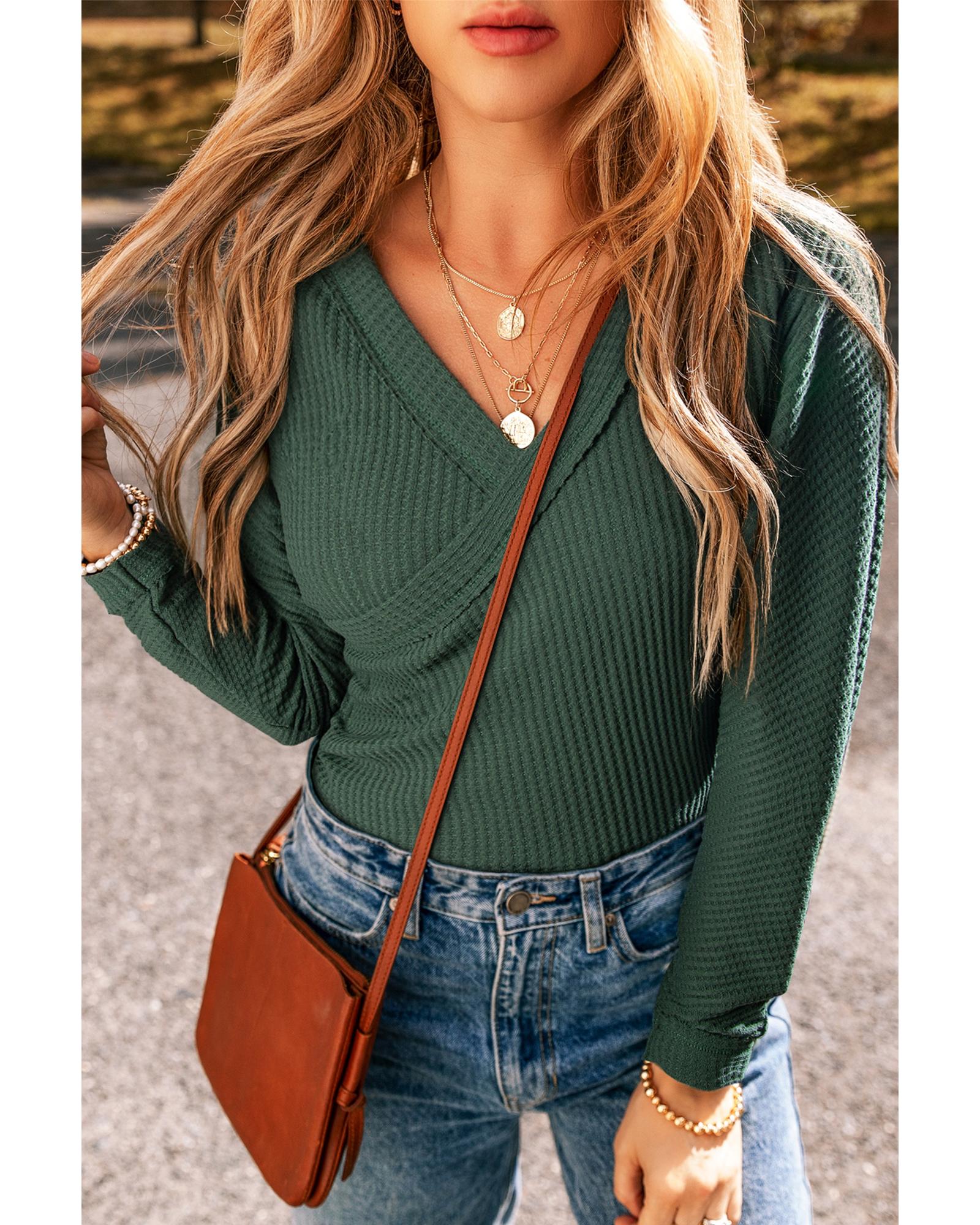 V539-AZEXDC6421829-P309-XL-202508301540-00 Blackish Green Waffle Knit Slim Fit Wrap V Neck Bodysuit - XL - Image 1