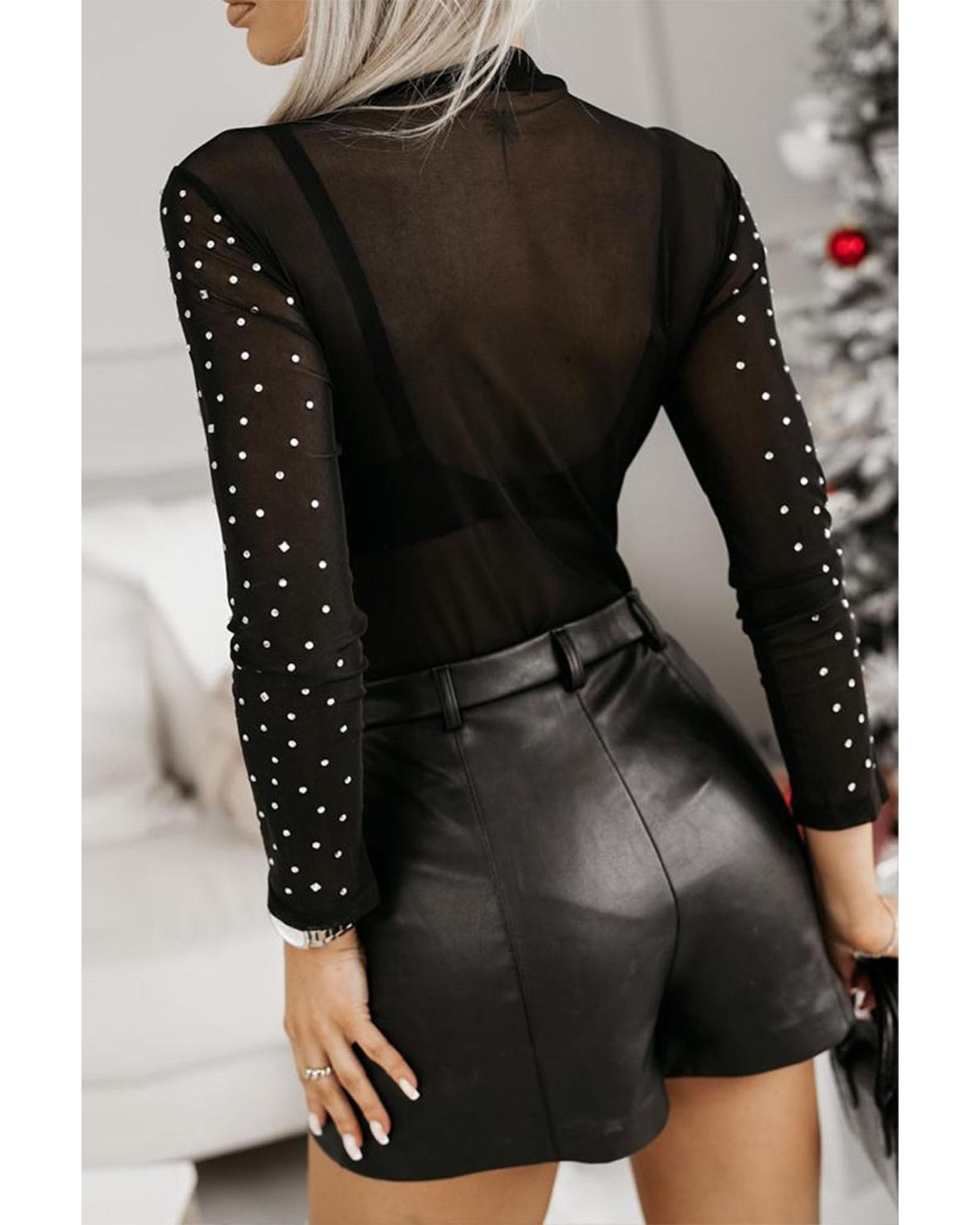 V539-AZEXDC6421833-P2-M-202508302350-00 Black Rhinestone Sheer Mesh Long Sleeve Bodysuit - M - Image 1