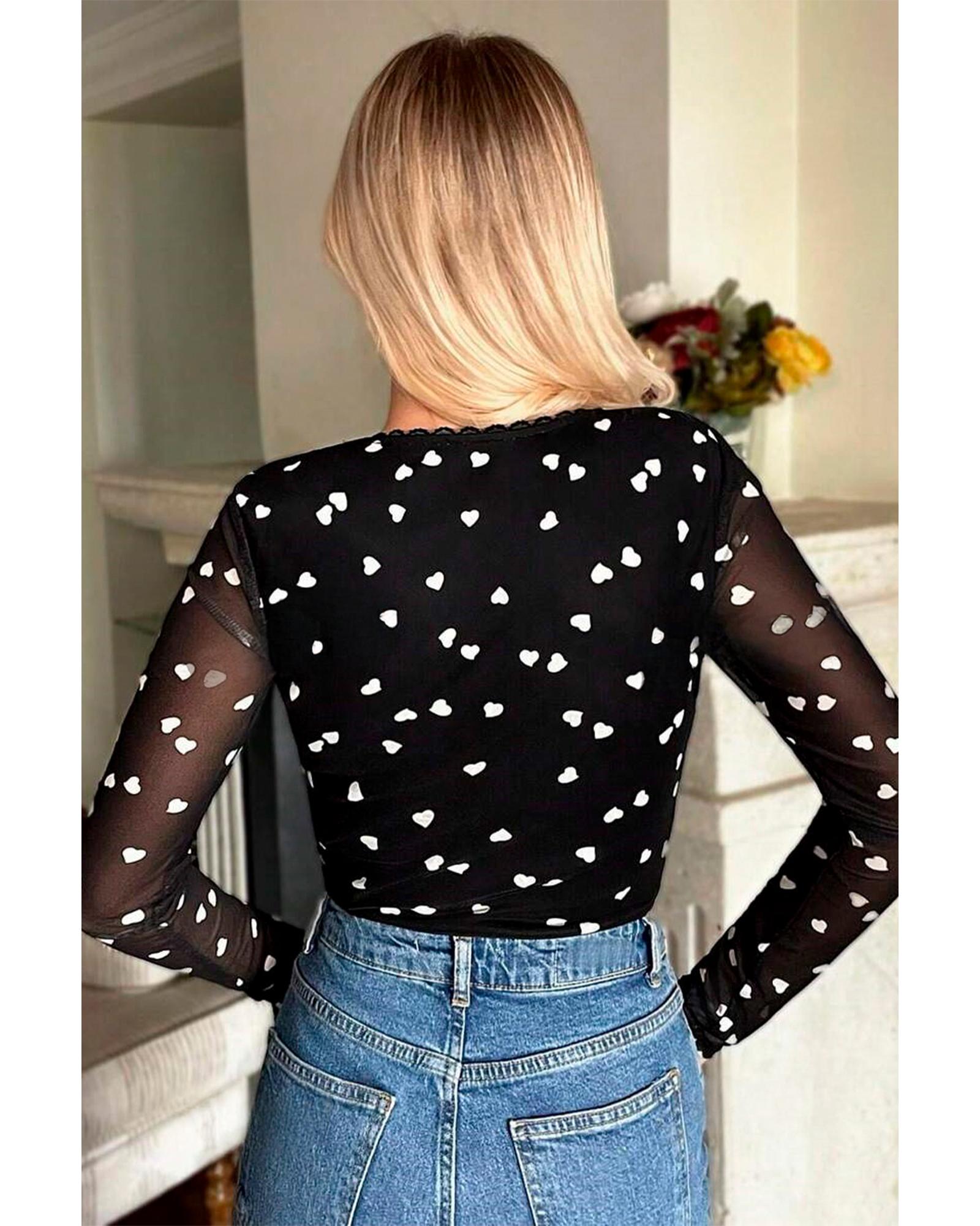 V539-AZEXDC6421947-P2-L-202508301555-00 Black Heart Shape Mesh Patchwork Square Neck Bodysuit - L - Image 1