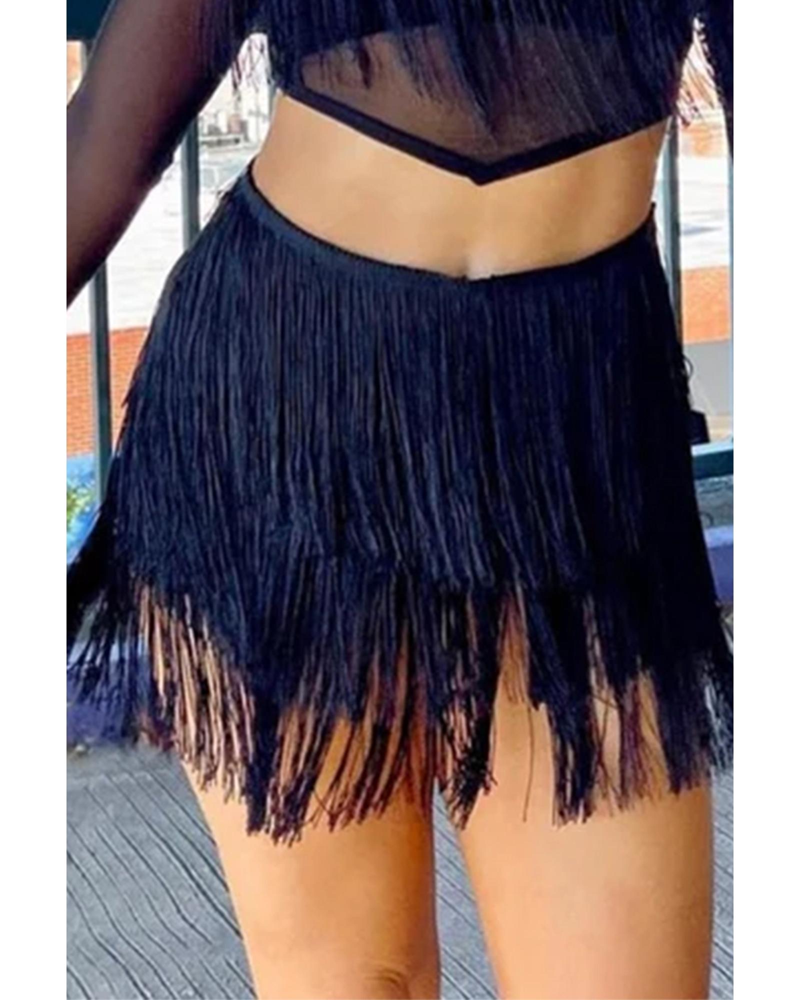 V539-AZEXDC7211022-P2-S-202506150353-00 Black Tiered Fringe Trimmed Mini Skirt - S - Image 1