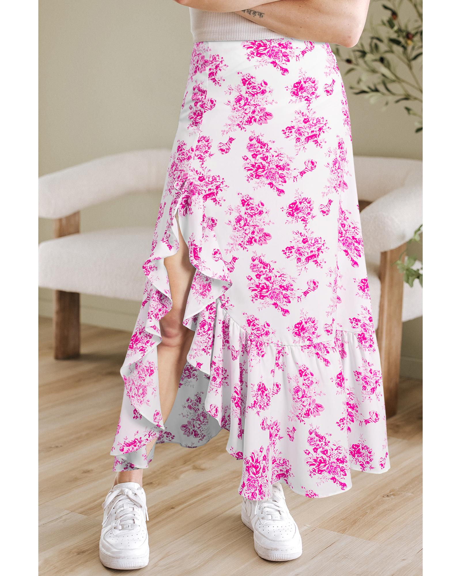 V539-AZEXDC7211040-P620-S-202506150411-00 Rose Boho Floral High Waist Ruffle Split Maxi Skirt - S - Image 1