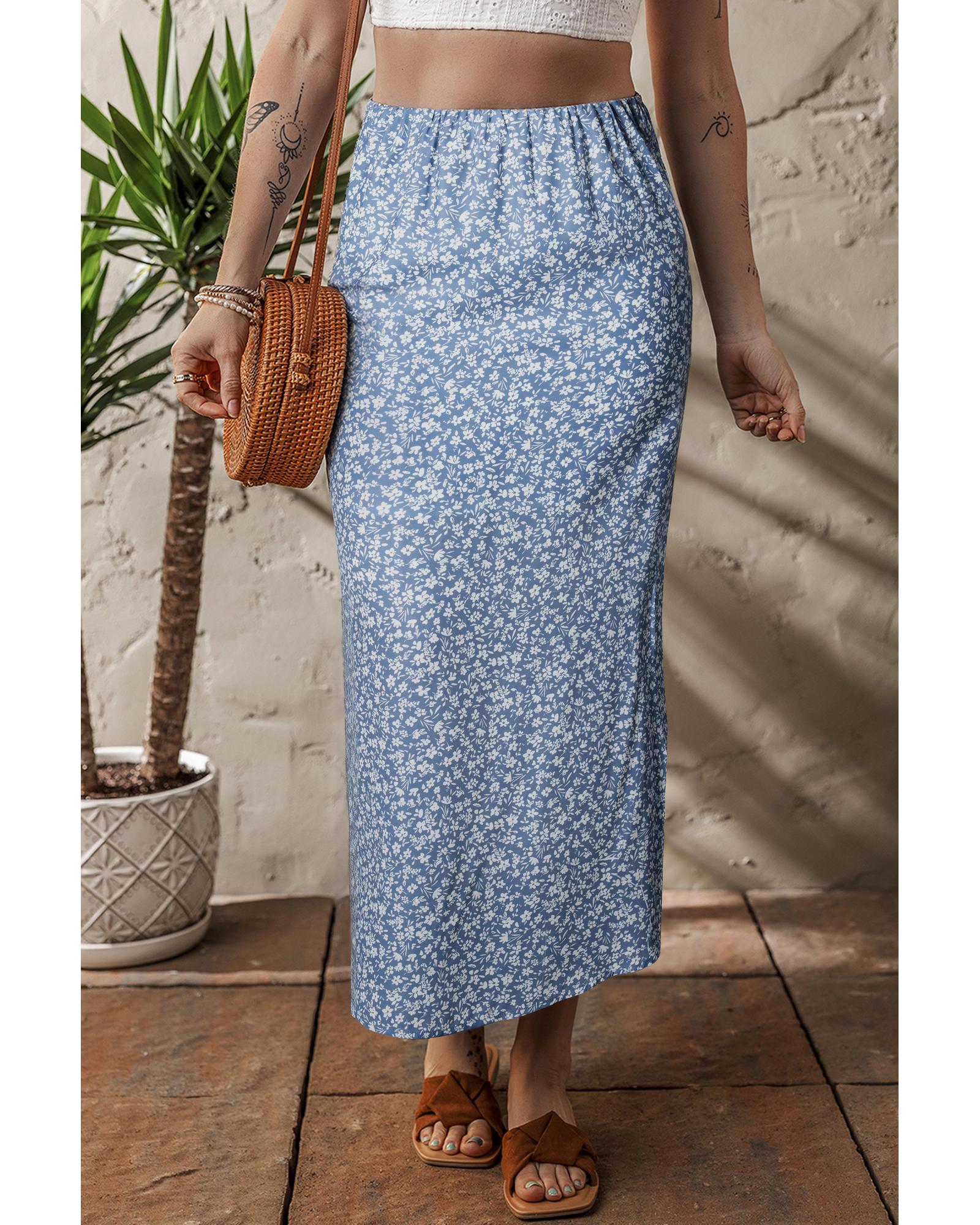 V539-AZEXDC7211073-P420-XL-202508302010-00 Sky Blue Boho Floral High Waist Long Skirt with Side Split - XL - Image 1