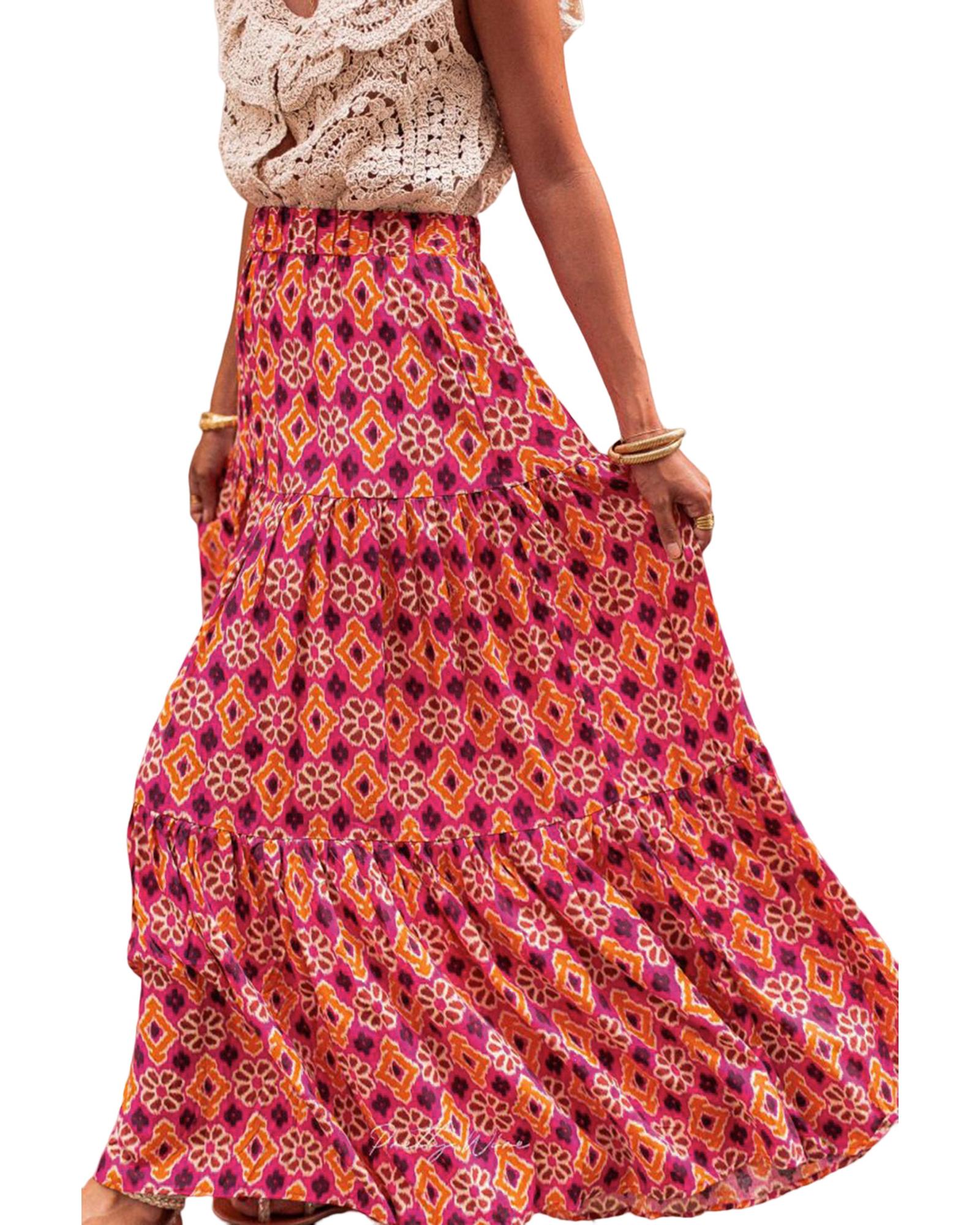 V539-AZEXDC721515-6-M-202508281450-00 Rose Vintage Boho Floral Print Tiered Maxi Skirt - M - Image 1