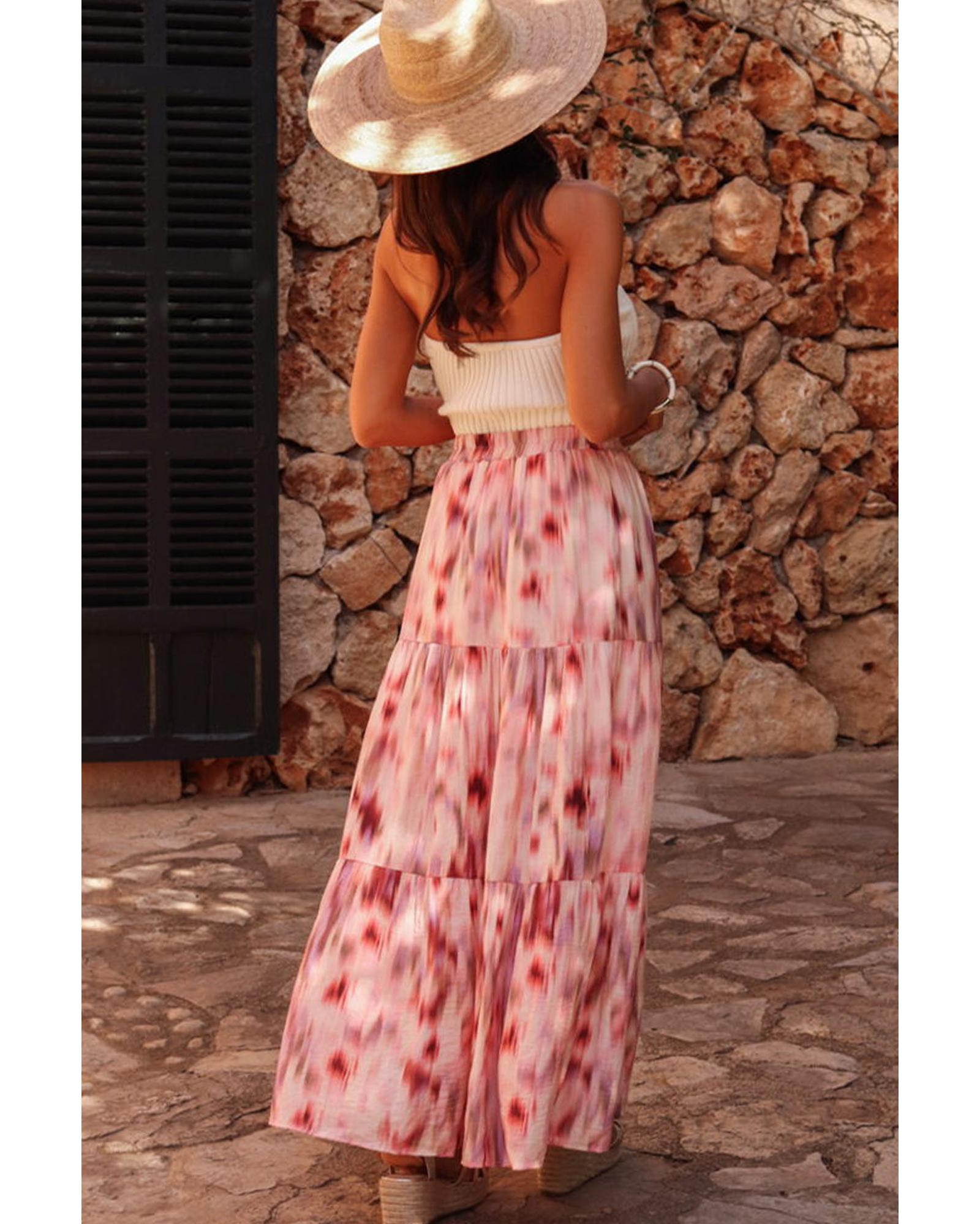 V539-AZEXDC721876-P1020-L-202508280540-00 Pink Abstract Watercolor Tie Dye Tiered Maxi Skirt - L - Image 1