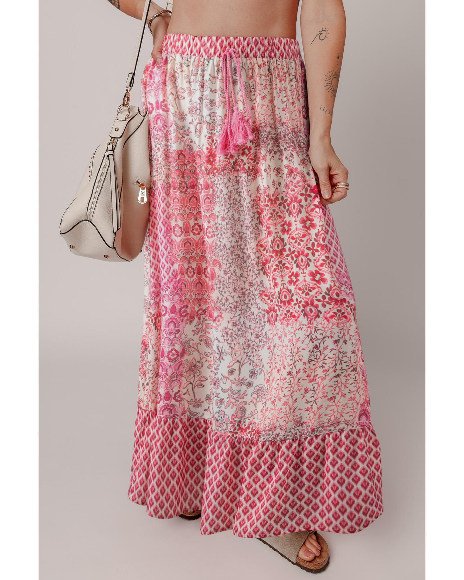 V539-AZEXDC721953-P10320-M-202508291350-00 Red Boho Pattern Print Tassel Drawstring High Waist Maxi Dress - M - Image 1