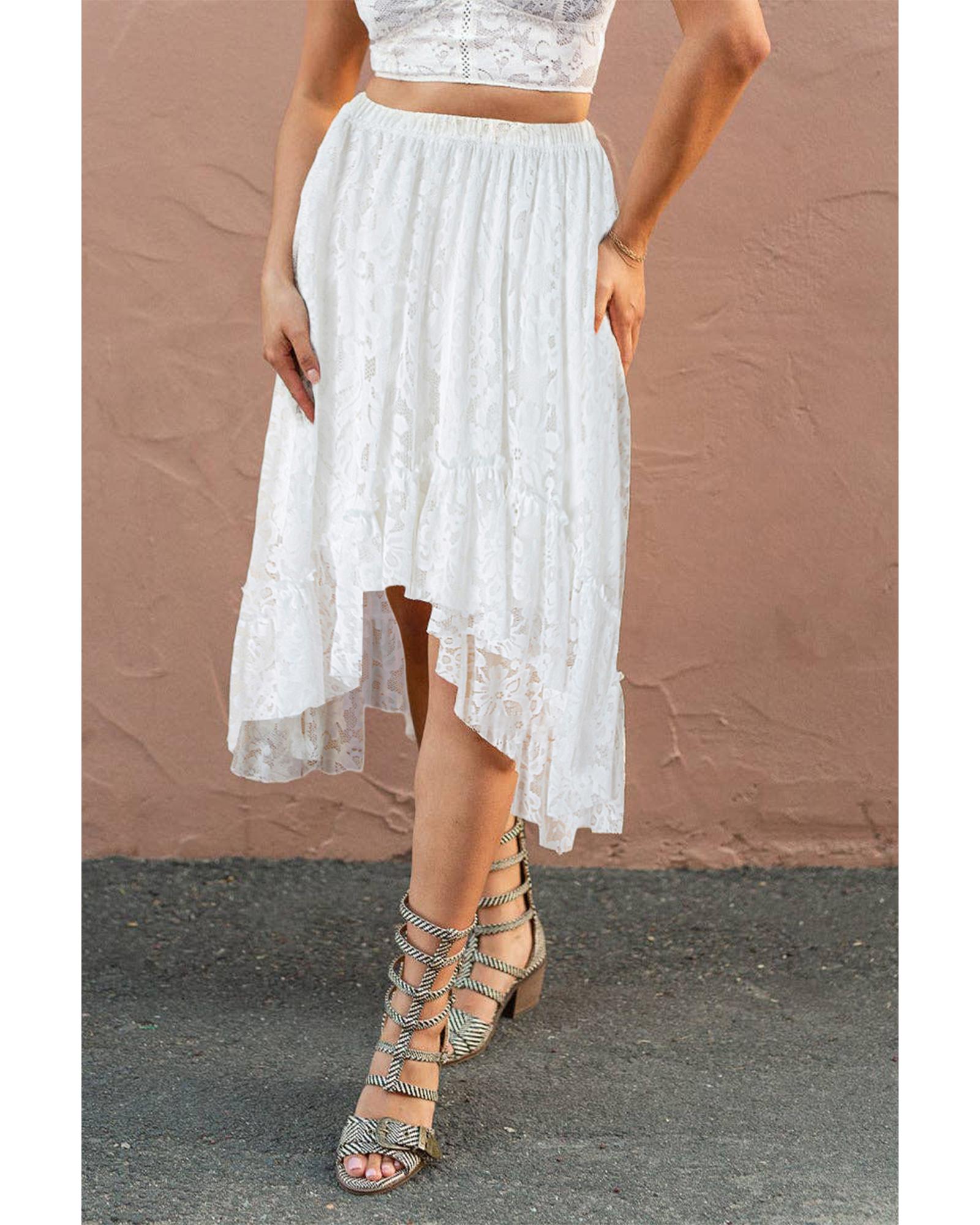V539-AZEXDC721982-P101-L-202508281455-00 White Lace Ruffled High-low Hem Midi Skirt - L - Image 1