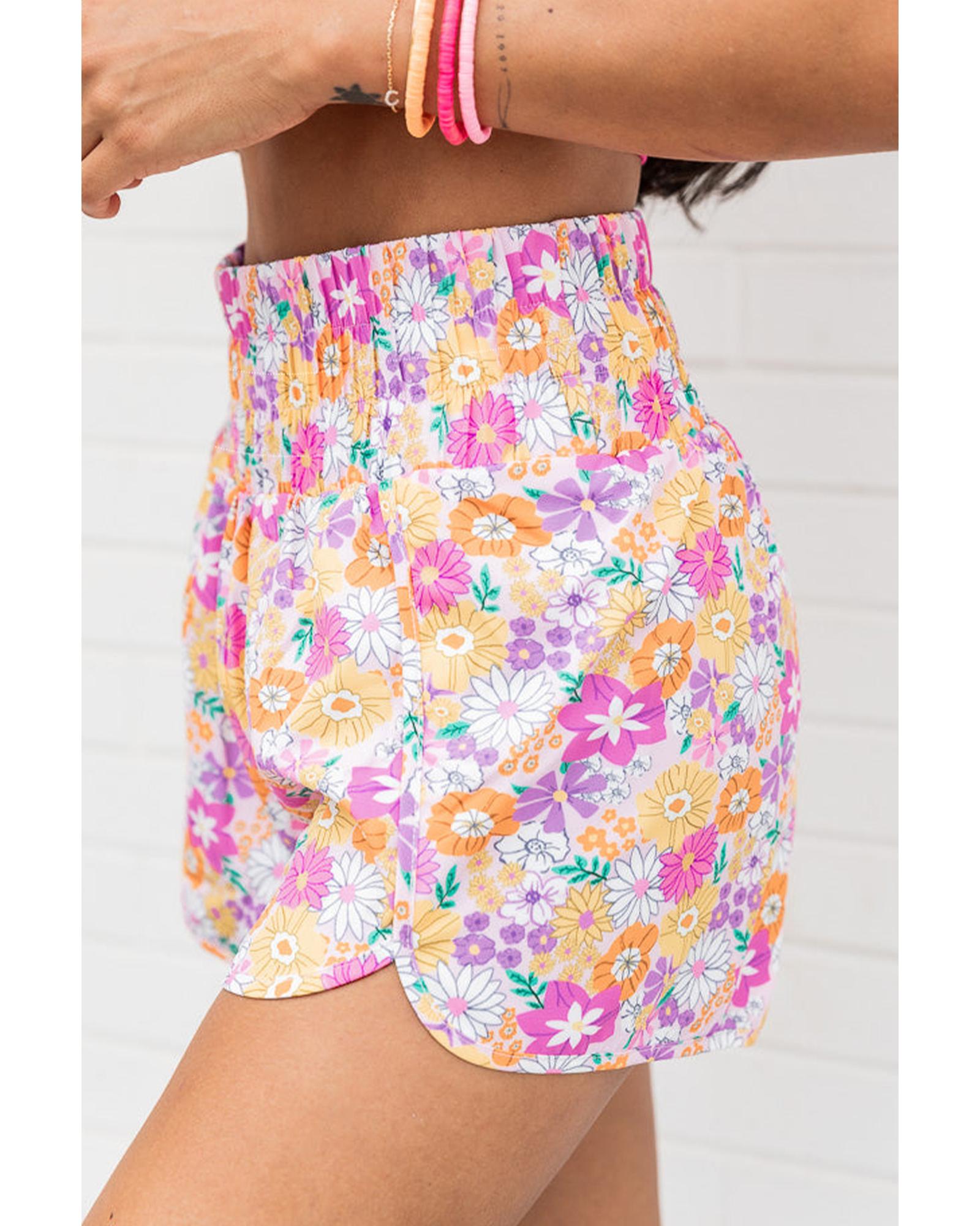 V539-AZEXDC731571-P1020-S-202506150526-00 Pink Boho Floral Shirred High Waist Casual Shorts - S - Image 1