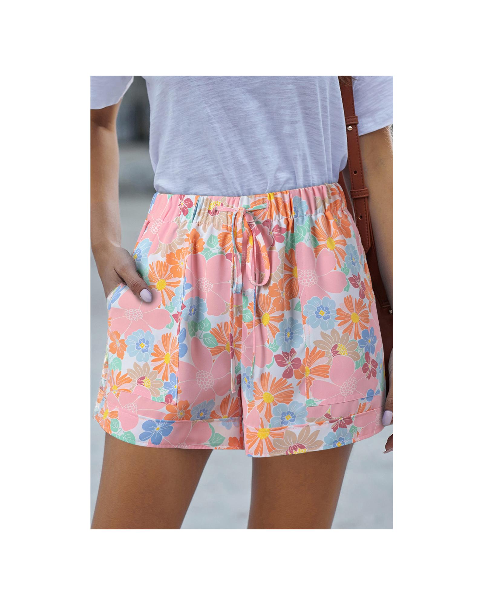 V539-AZEXDC731729-P1020-L-202508291525-00 Pink Floral Print Side Pockets Drawstring Casual Shorts - L - Image 1