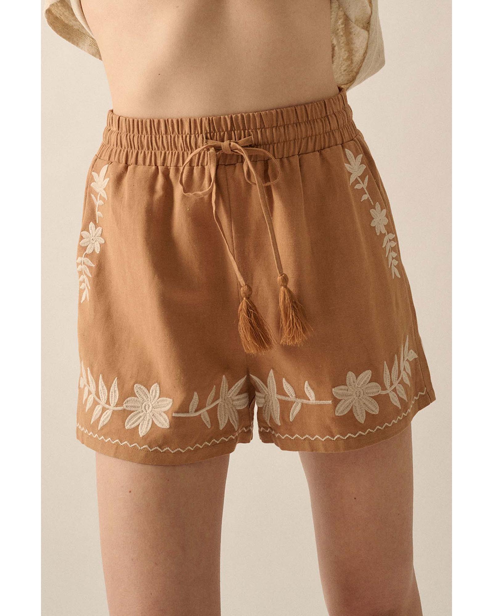 V539-AZEXDC731803-P1620-M-202508290010-00 Khaki Embroidered Boho Tasseled Drawstring Elastic Waist Casual shorts - M - Image 1