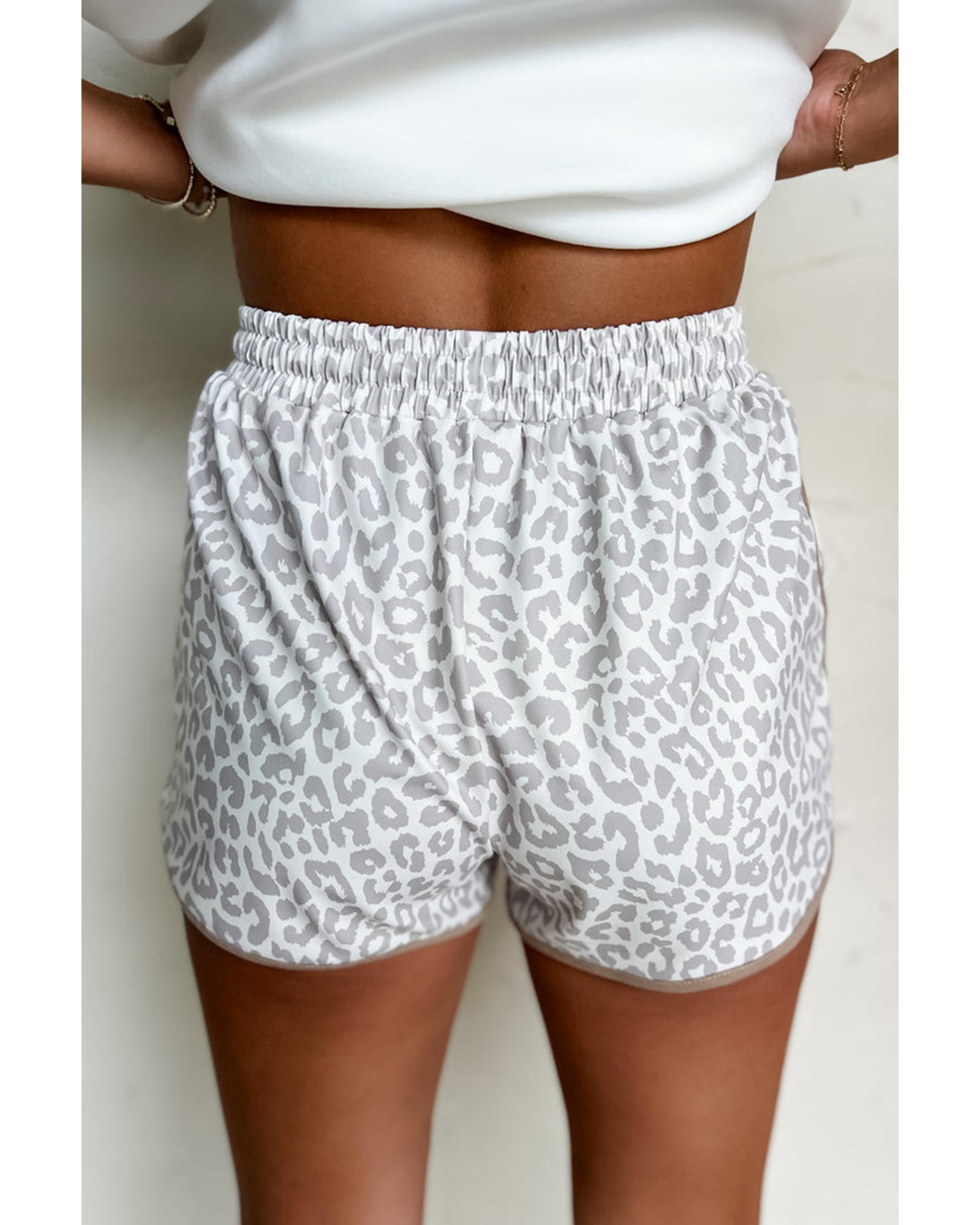V539-AZEXDC731818-P120-M-202508301535-00 White Leopard Elastic Waist Lace up Contrast Trim Casual Shorts - M - Image 1