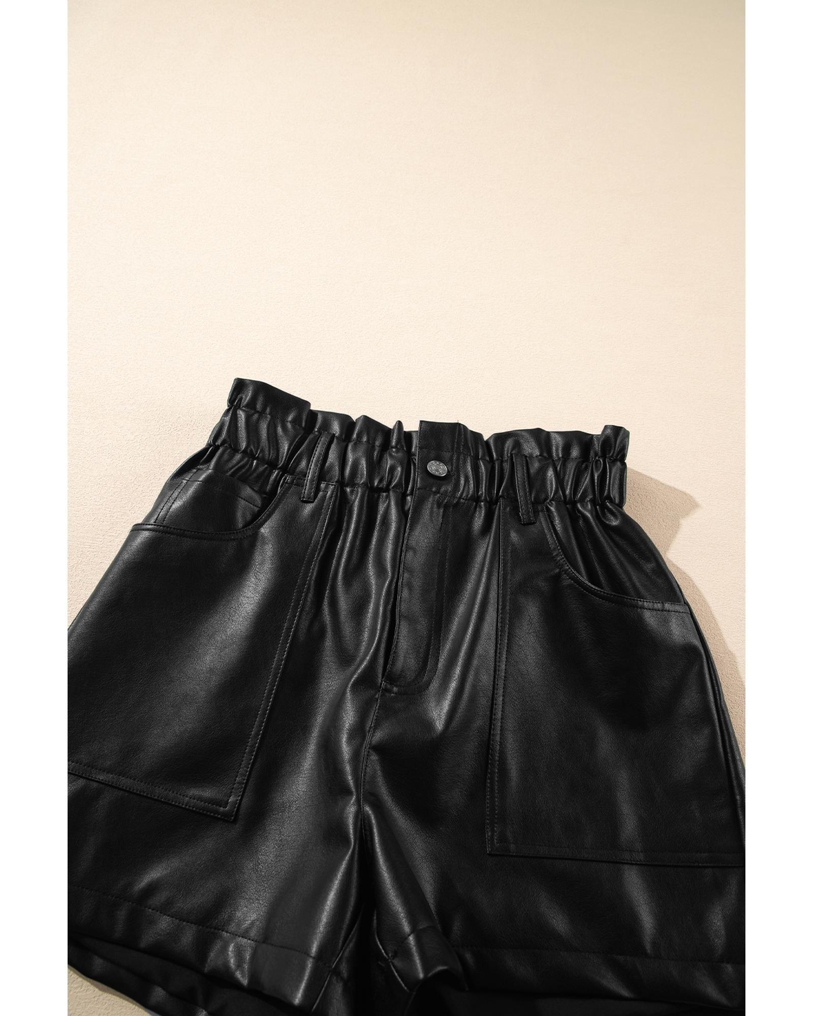 V539-AZEXDC731846-P2-XL-202508301315-00 Black Faux Leather Paper Bag Waist High Rise Shorts - XL - Image 1