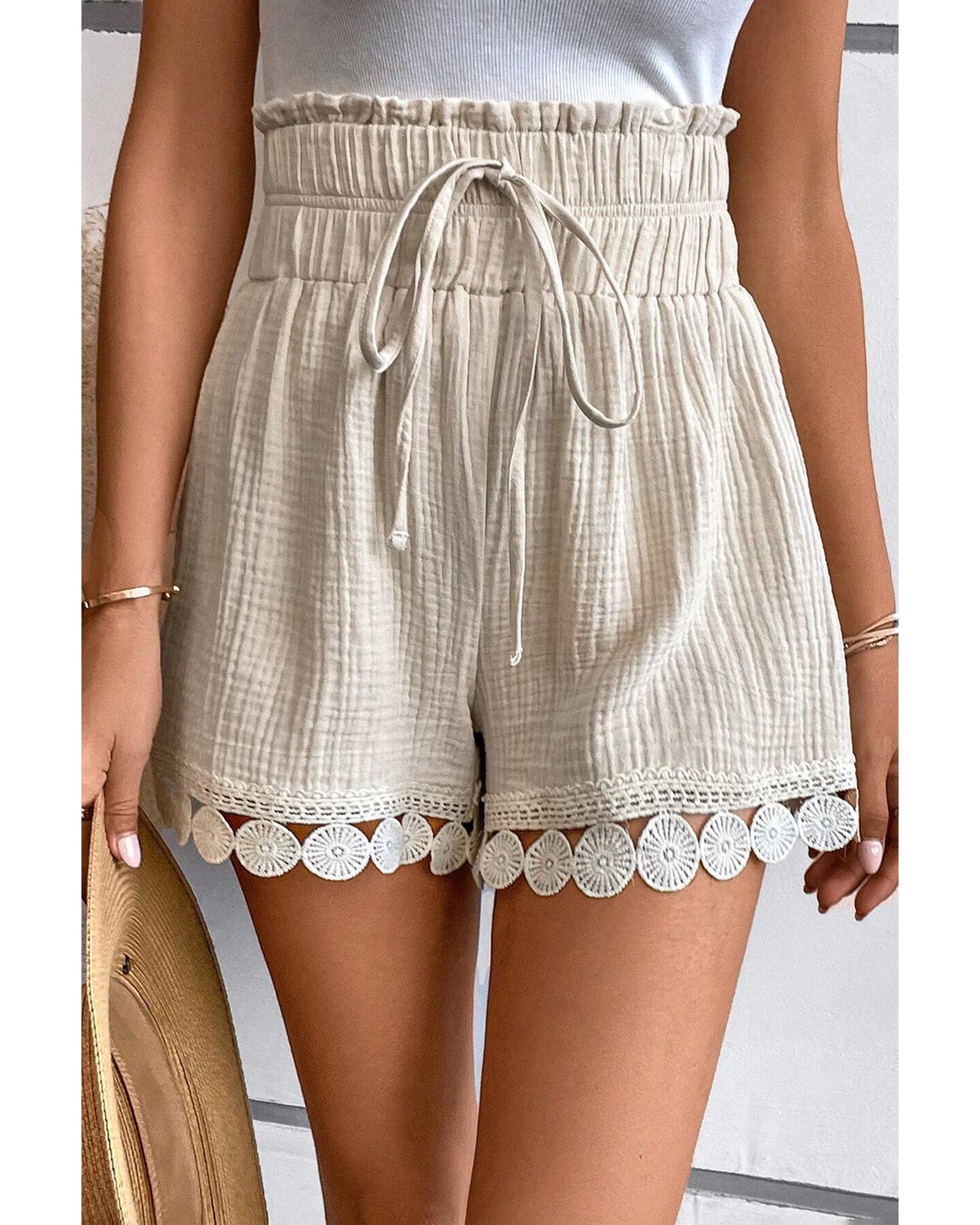V539-AZEXDC731856-P18-M-202508302325-00 Apricot Textured Frilled Knotted High Waist Lace Hem Shorts - M - Image 1