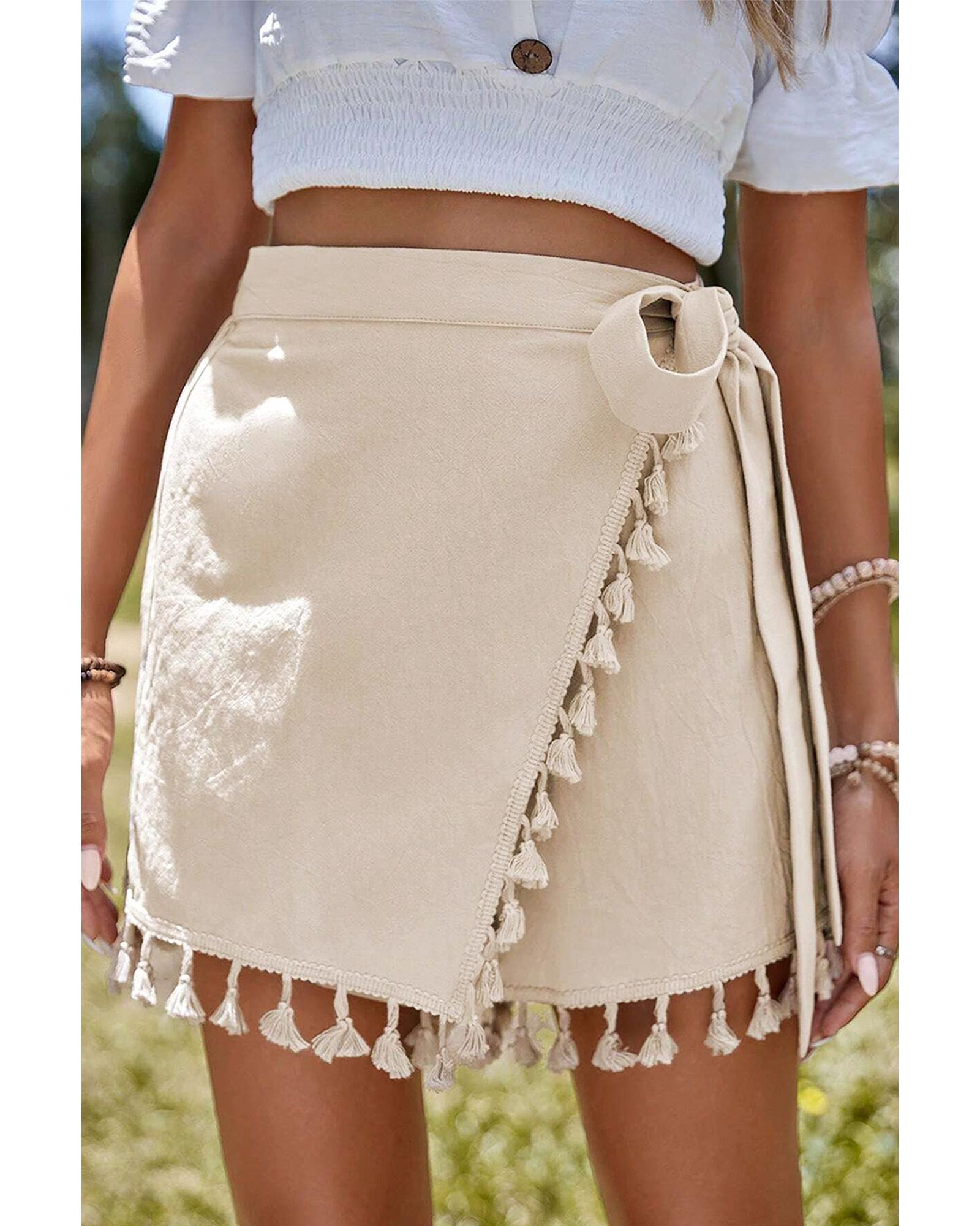 V539-AZEXDC731895-P18-S-202506150322-00 Apricot Tassel Trim Wrap Knot Side Bohemian Style Mini Skort - S - Image 1
