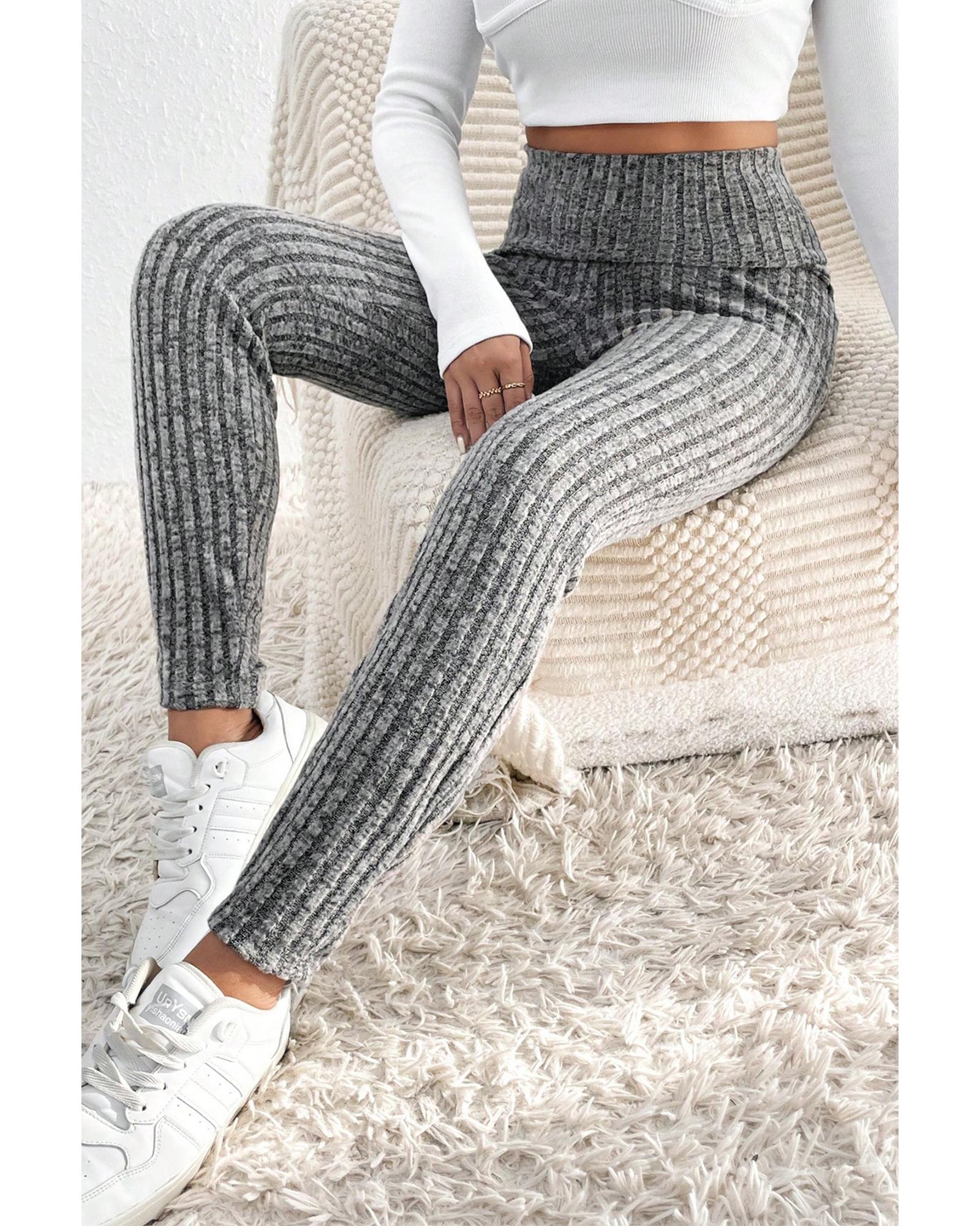 V539-AZEXDC761454-P11-XL-202508301005-00 Gray Wide Waistband Ribbed Textured Knit Leggings - XL - Image 1