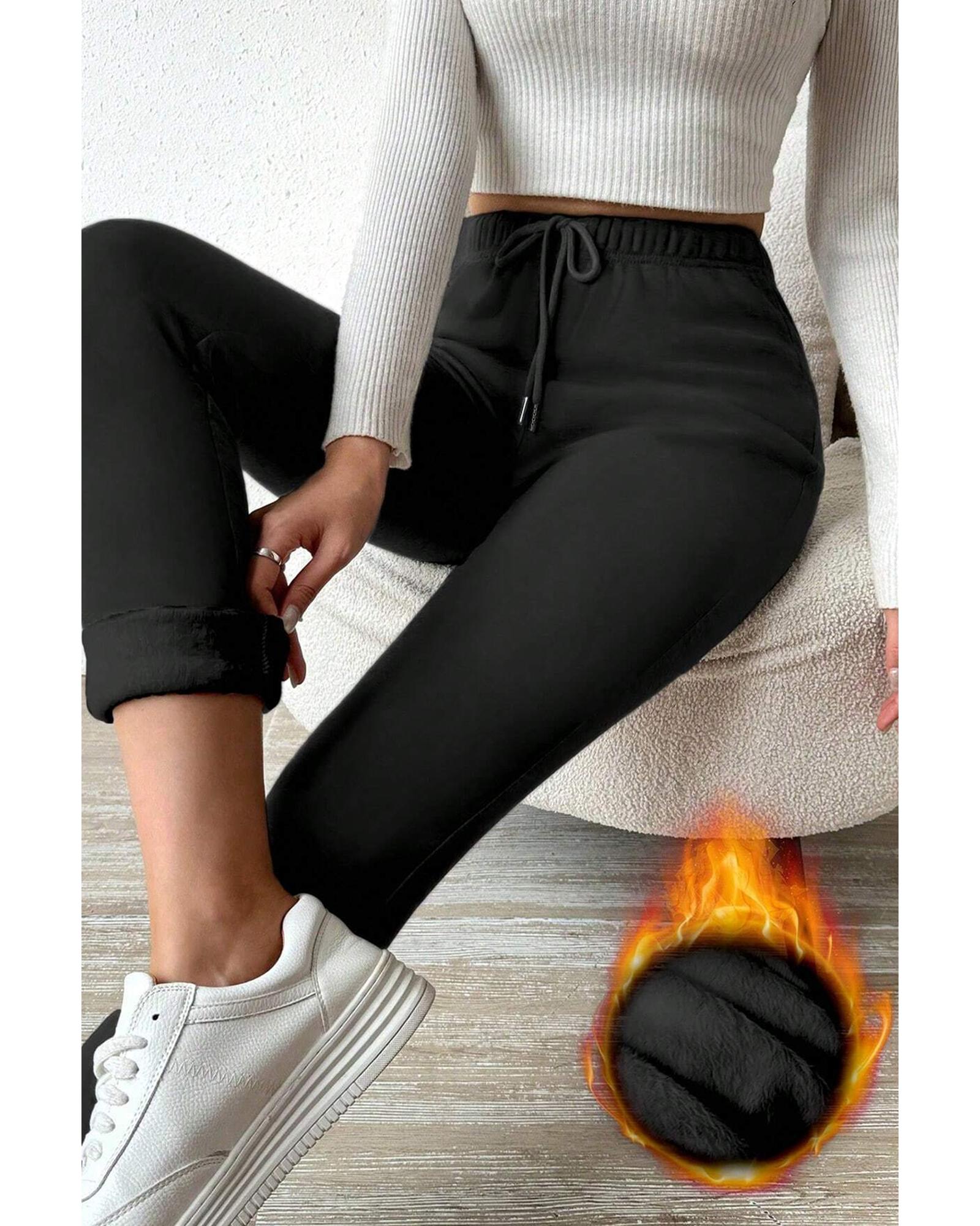 V539-AZEXDC761485-P2-M-202508301315-00 Black Thermal Lined Drawstring High Waist Leggings - M - Image 1
