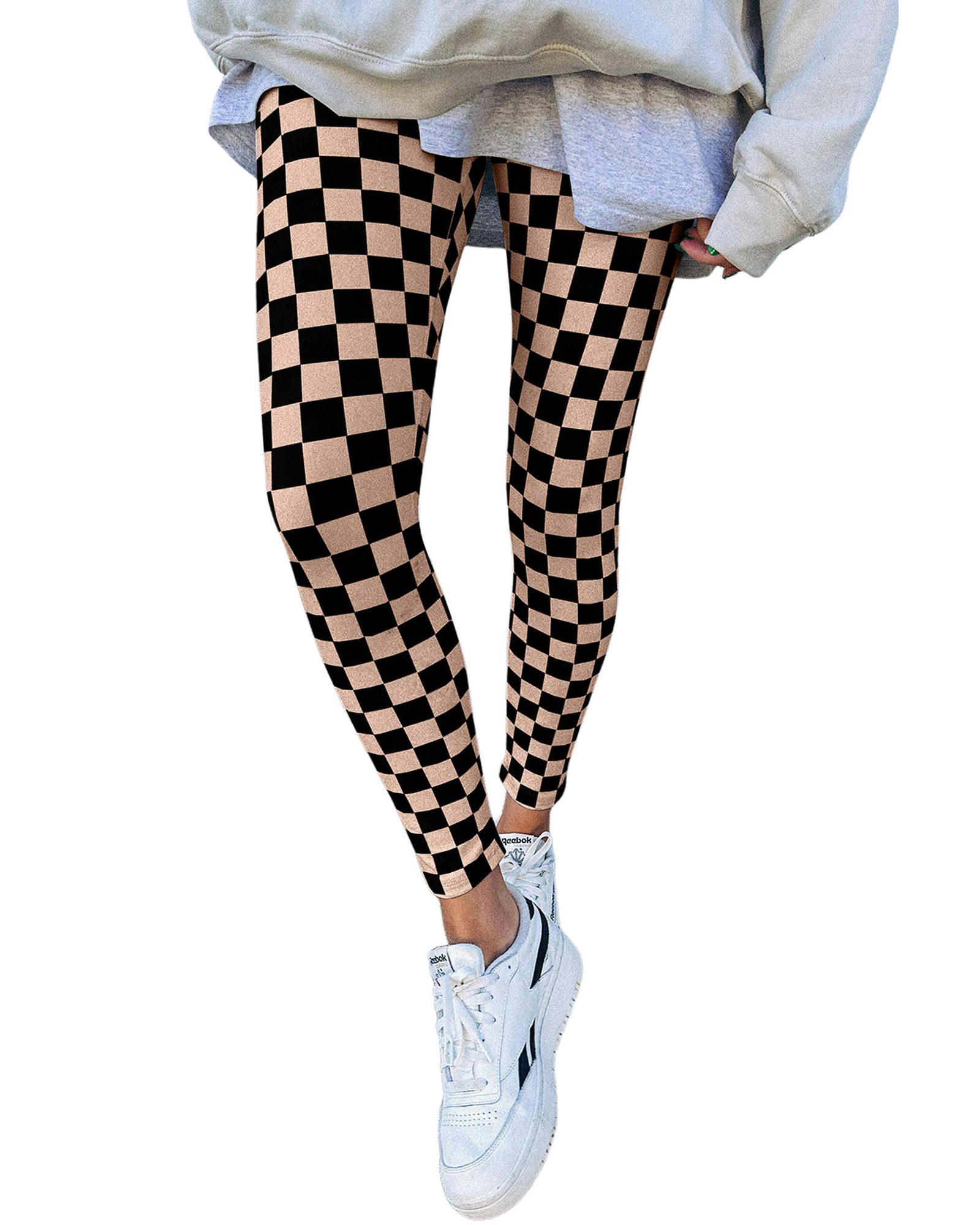 V539-AZEXDC761585-P1620-XL-202508280245-00 Khaki Checkered Pattern High Waist Skinny Leggings - XL - Image 1