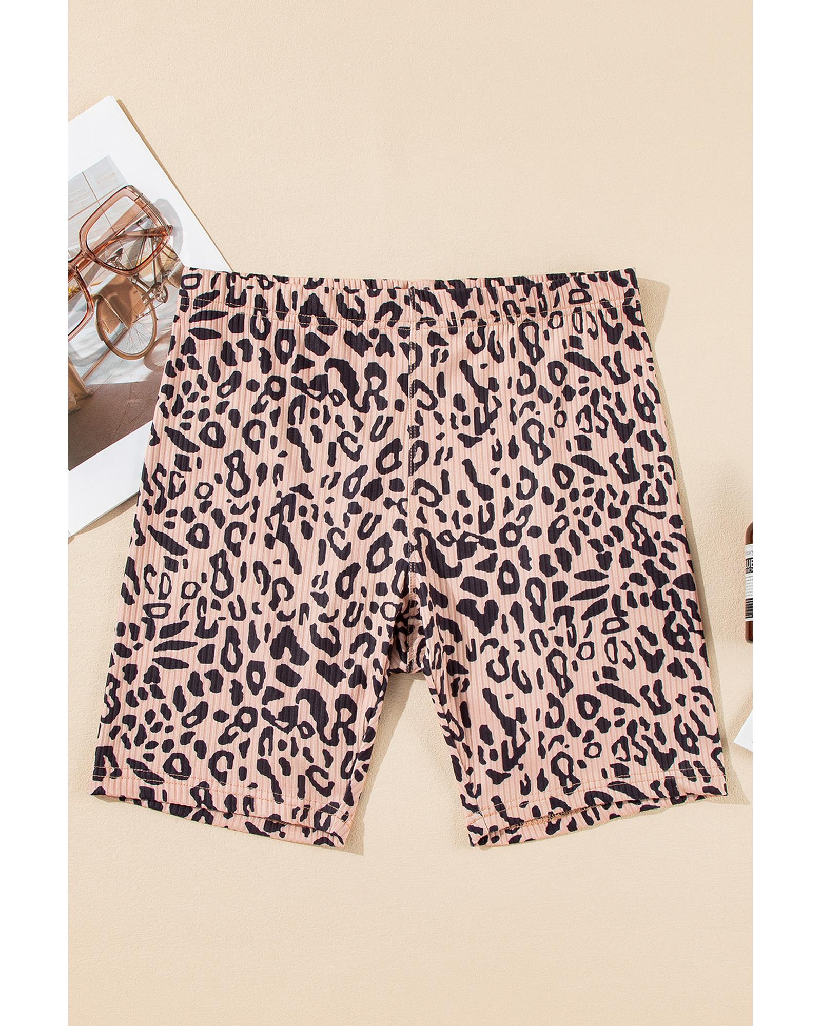 V539-AZEXDC761596-P1620-XL-202508281720-00 Khaki Leopard Print Ribbed Textured Knit Biker Shorts - XL - Image 1