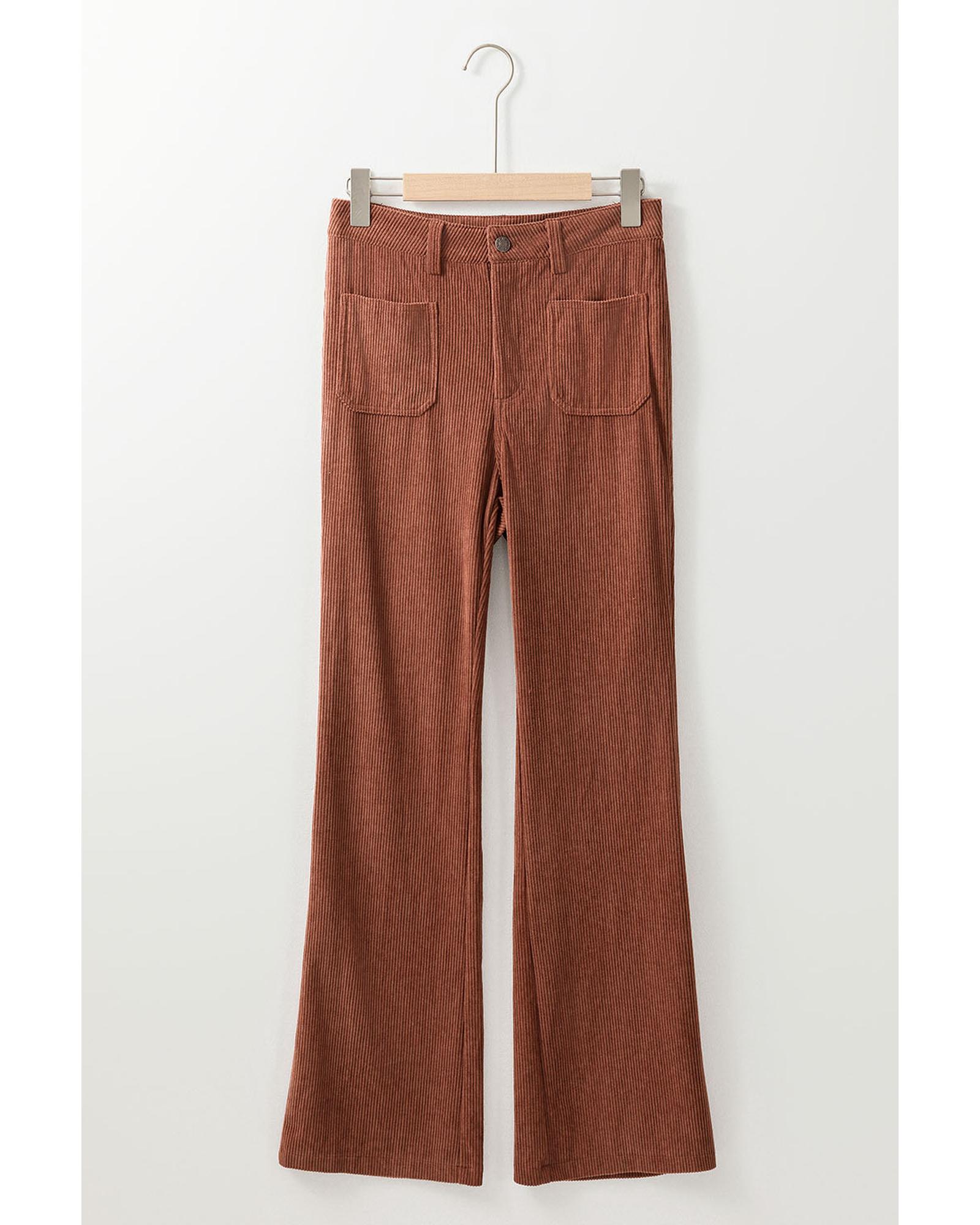 V539-AZEXDC7712044-17-M-202508292015-00 Brown High Waist Square Pockets Corduroy Pants - M - Image 1